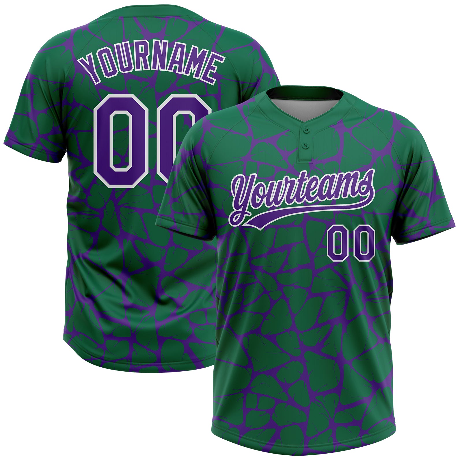 Custom Kelly Green Purple-White 3D Pattern Design Abstract Network Crackle Two-Button Unisex Softball Jersey