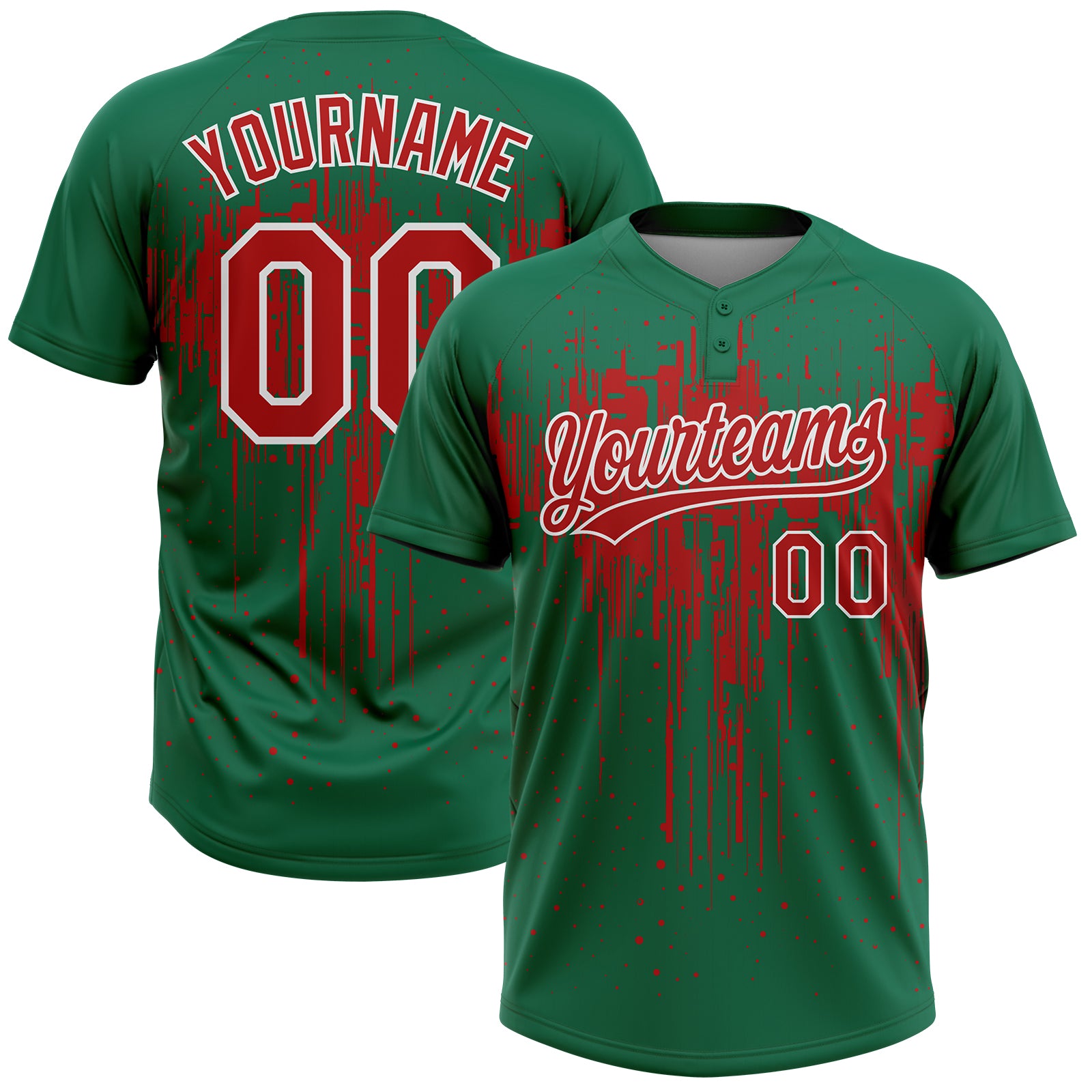 Custom Kelly Green Red-White Dripping Splatter Paint Two-Button Unisex Softball Jersey