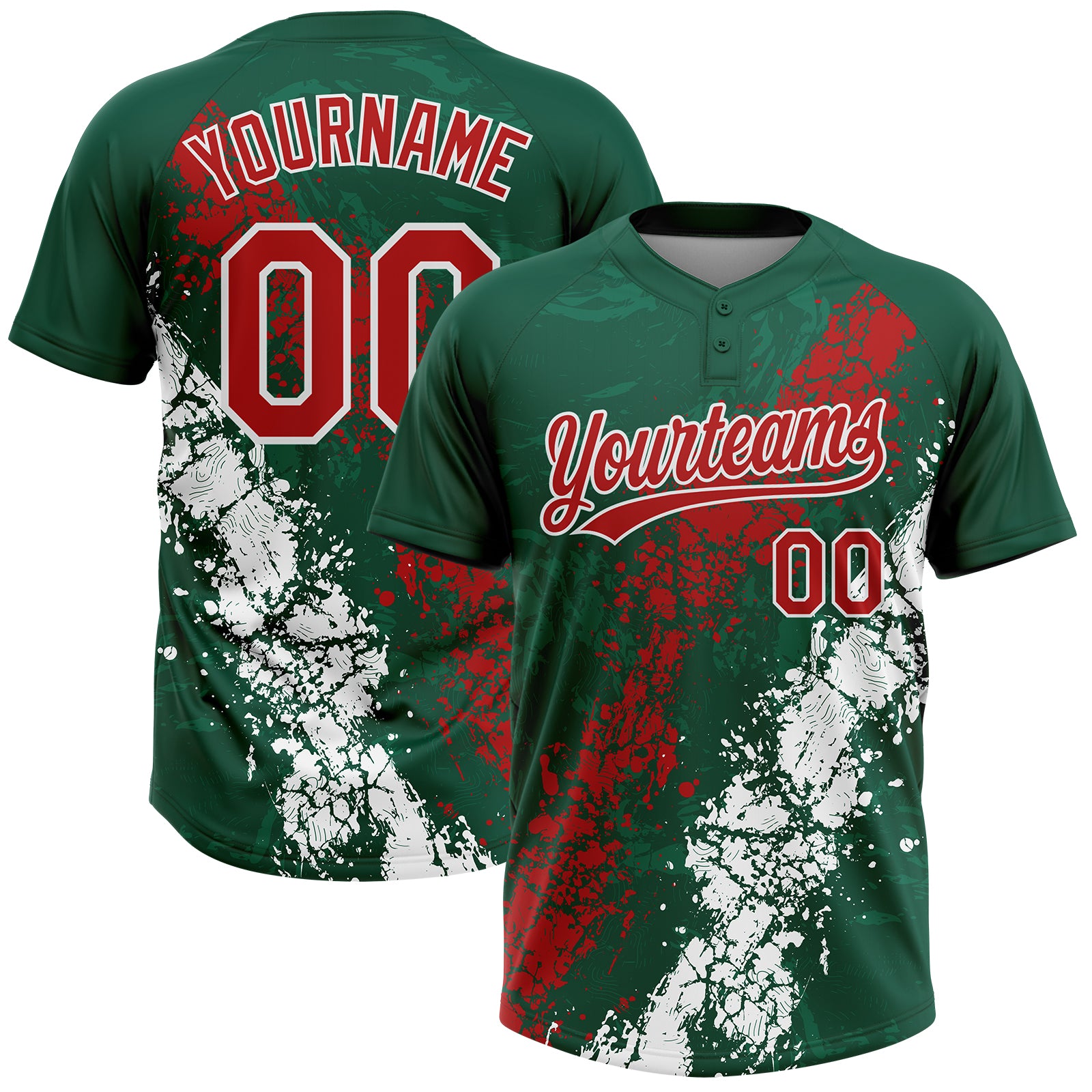 Custom Kelly Green Red-White Mexico Dripping Splatter Cracked Texture Two-Button Unisex Softball Jersey