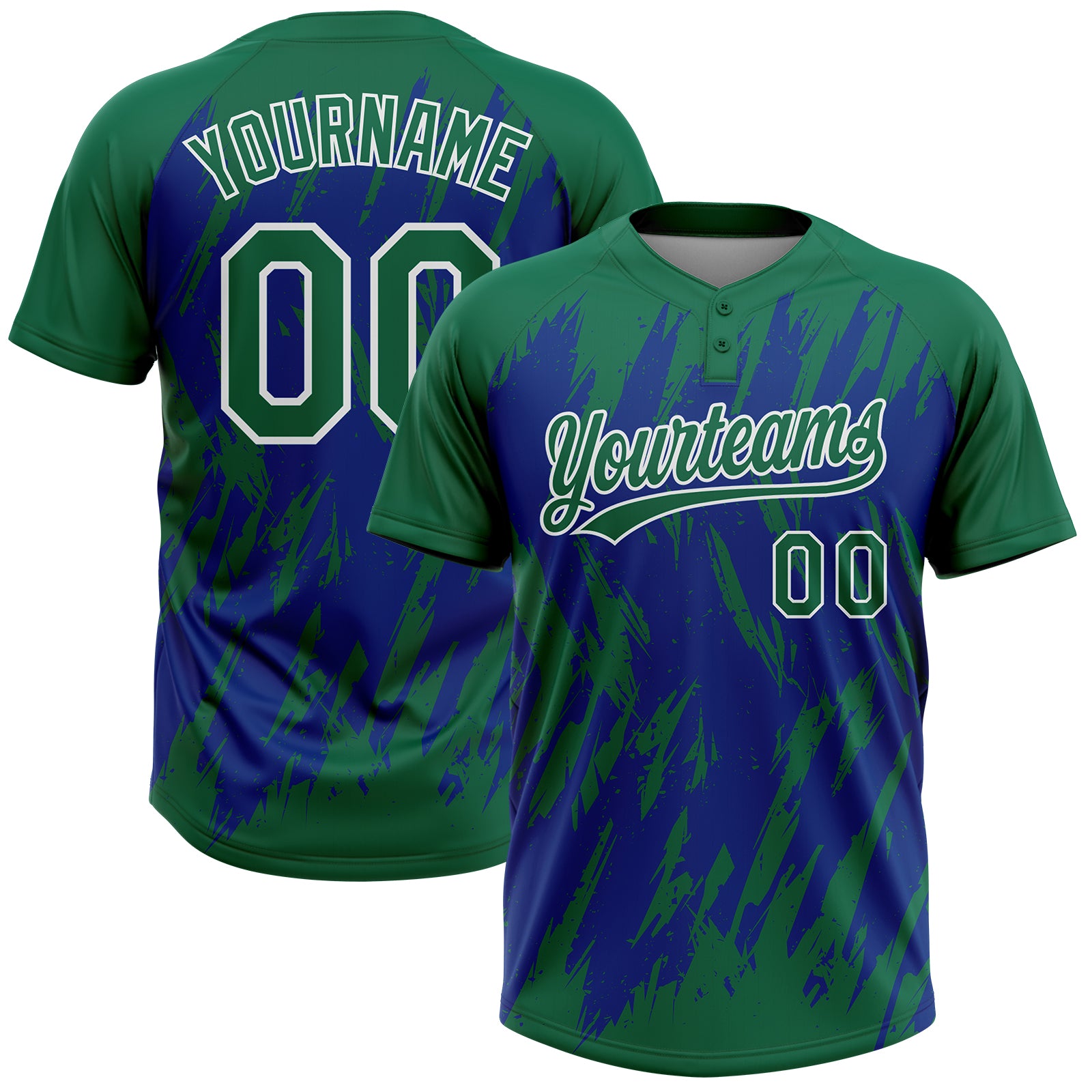 Custom Kelly Green Royal-White Splatter Torn Sharp Brush Stroke Two-Button Unisex Softball Jersey