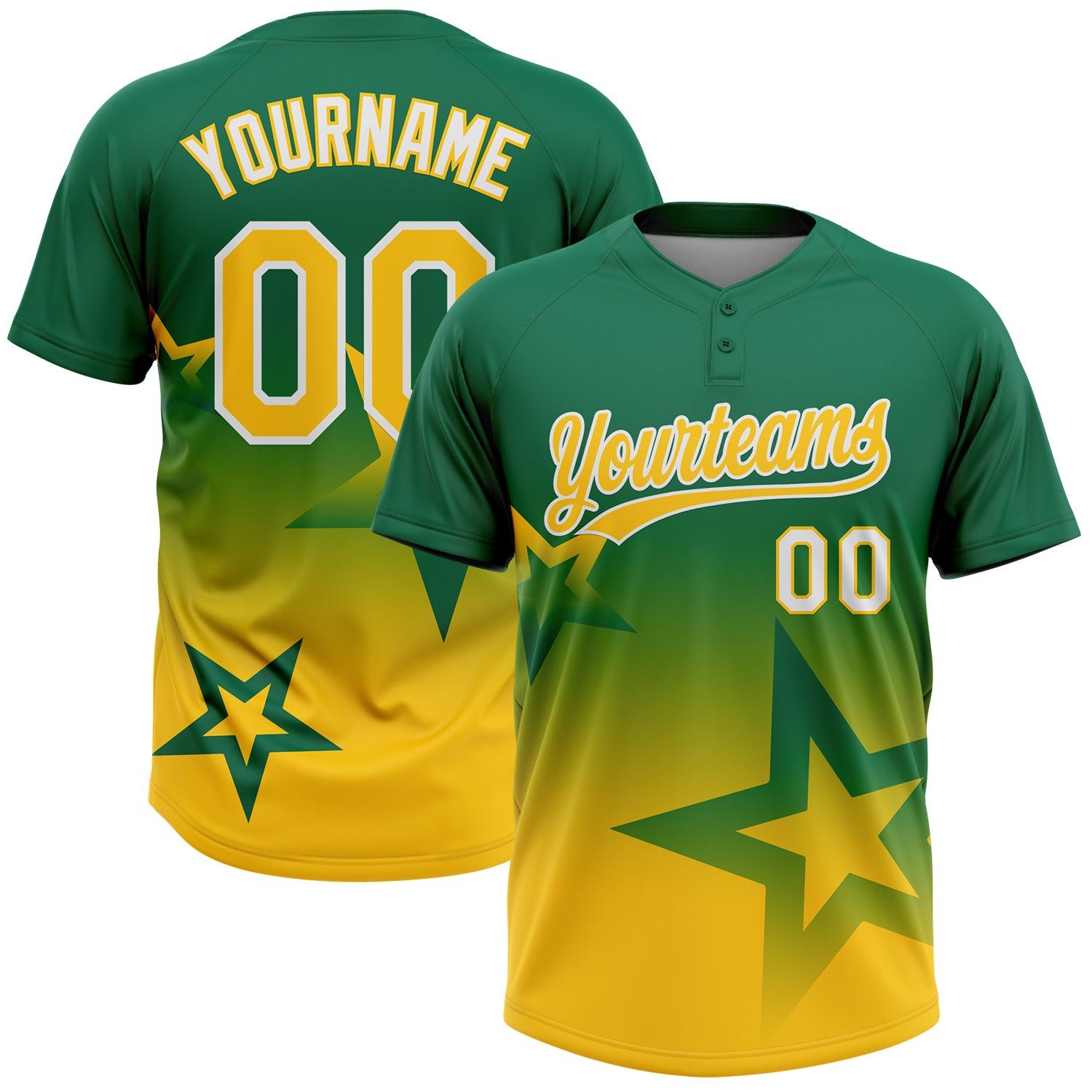 Custom Kelly Green Yellow-White Gradient Style Twinkle Star Two-Button Unisex Softball Jersey