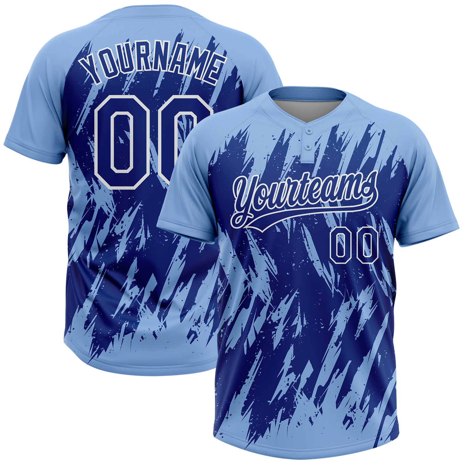 Custom Light Blue Royal-White Splatter Torn Sharp Brush Stroke Two-Button Unisex Softball Jersey