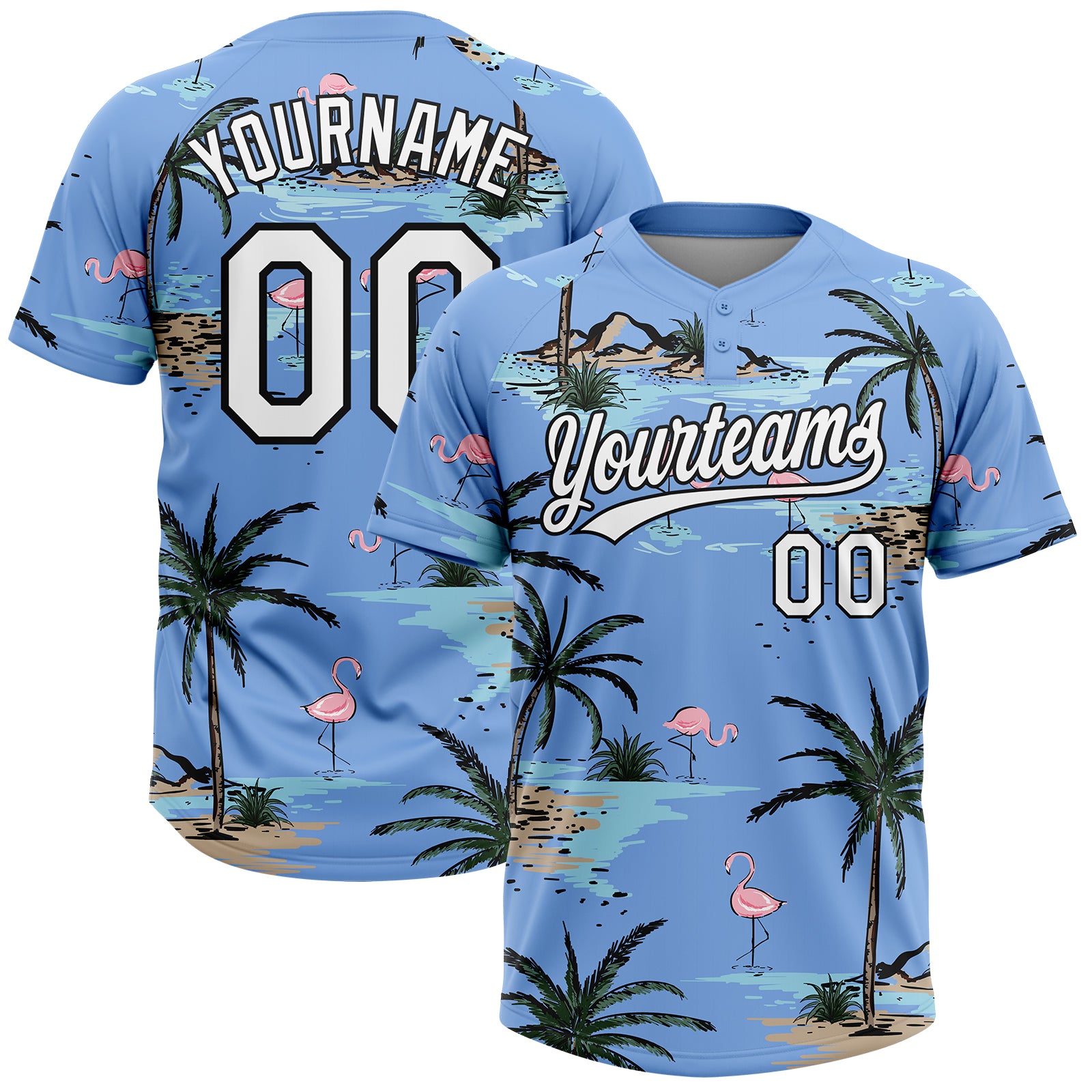 Custom Light Blue White-Black Tropical Hawaii Palm Trees And Flamingo Two-Button Unisex Softball Jersey