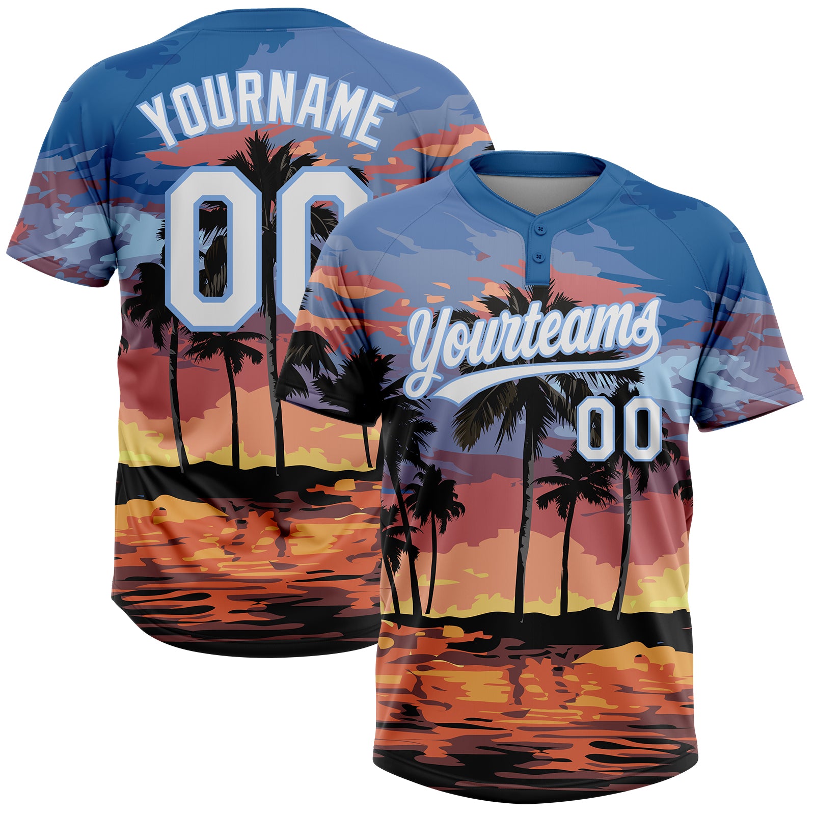 Custom Light Blue White Hawaii Palm Trees Two-Button Unisex Softball Jersey