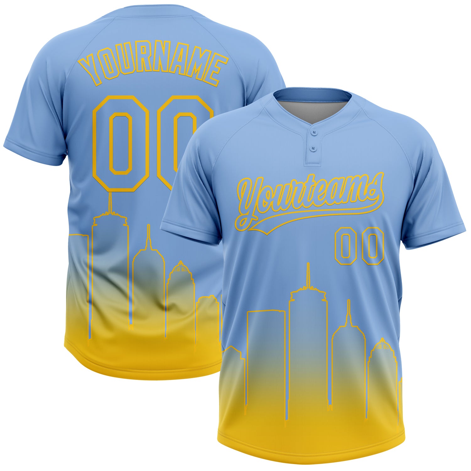 Custom Light Blue Yellow Boston City Edition Gradient Two-Button Unisex Softball Jersey