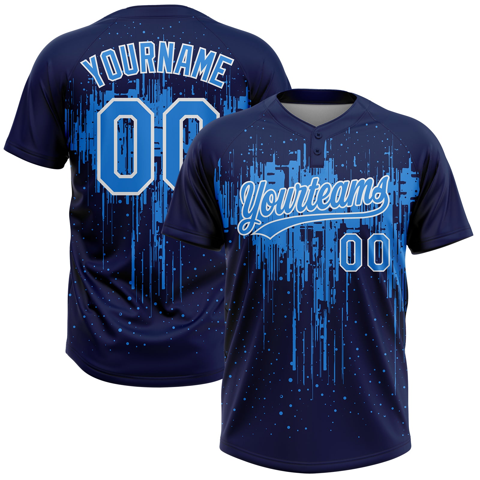 Custom Navy Electric Blue-White Dripping Splatter Paint Two-Button Unisex Softball Jersey