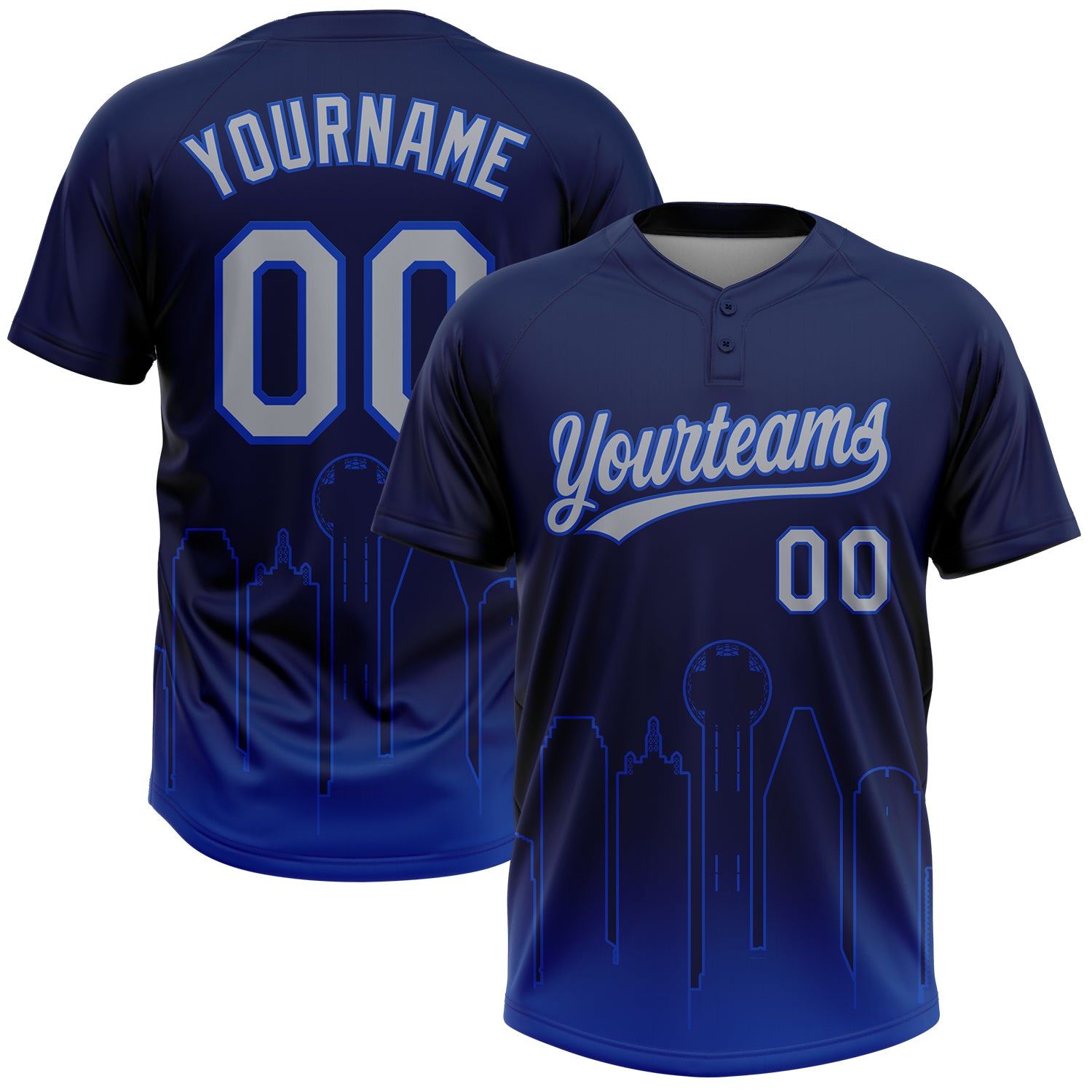 Custom Navy Gray-Thunder Blue Dallas City Edition Gradient Two-Button Unisex Softball Jersey