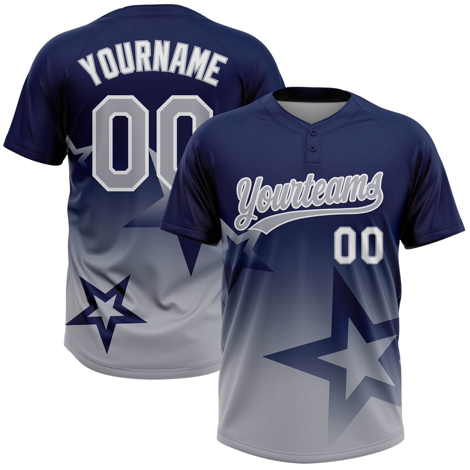 Custom Navy Gray-White Gradient Style Twinkle Star Two-Button Unisex Softball Jersey