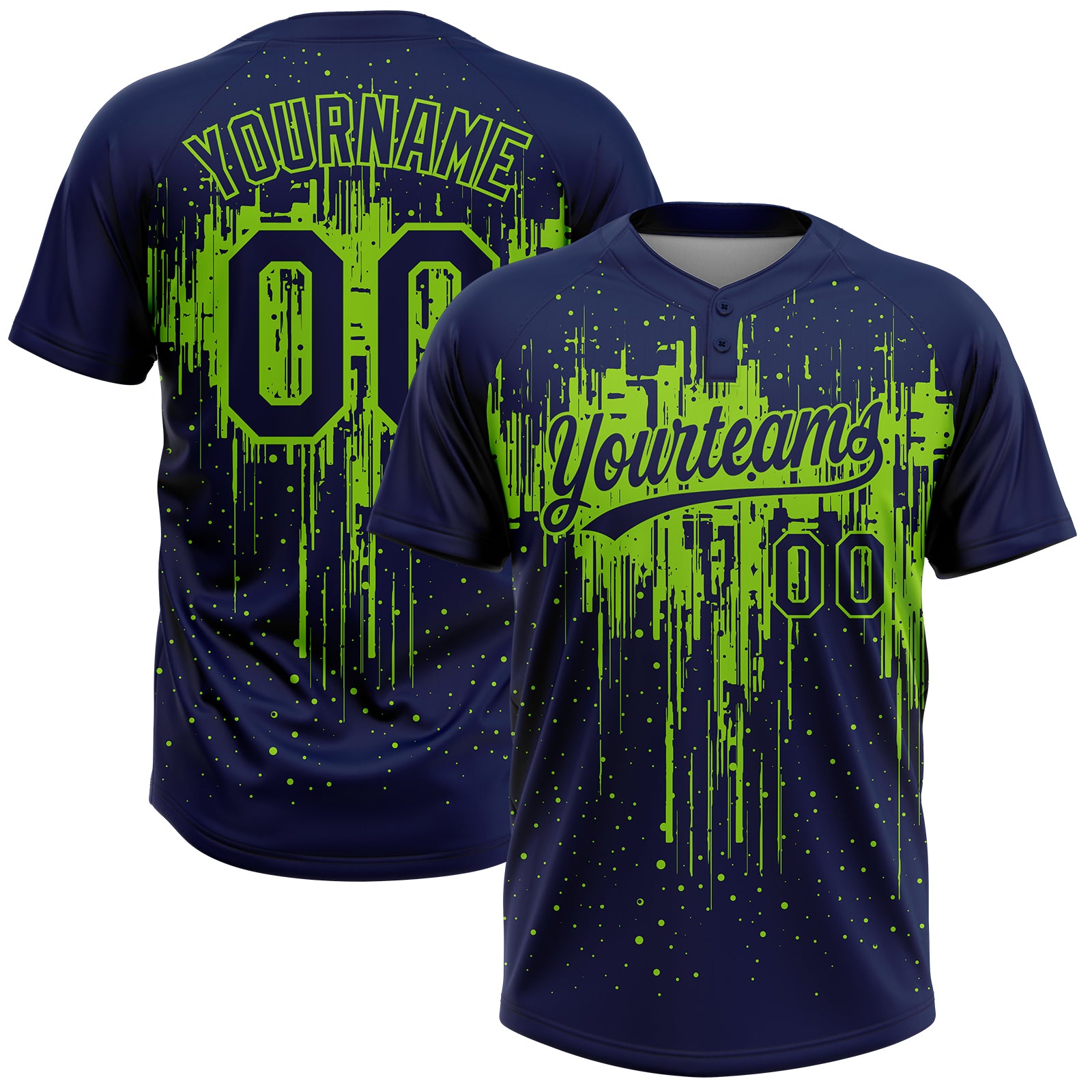 Custom Navy Neon Green Dripping Splatter Paint Two-Button Unisex Softball Jersey