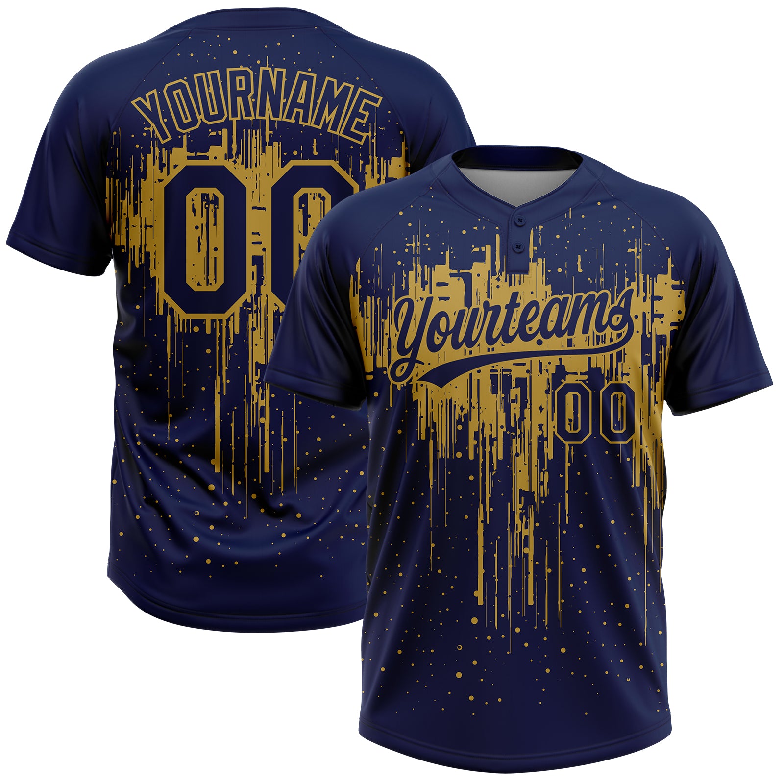 Custom Navy Old Gold Dripping Splatter Paint Two-Button Unisex Softball Jersey