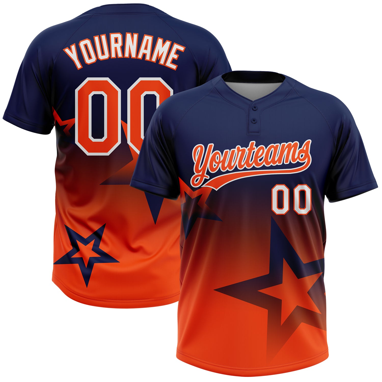 Custom Navy Orange-White Gradient Style Twinkle Star Two-Button Unisex Softball Jersey