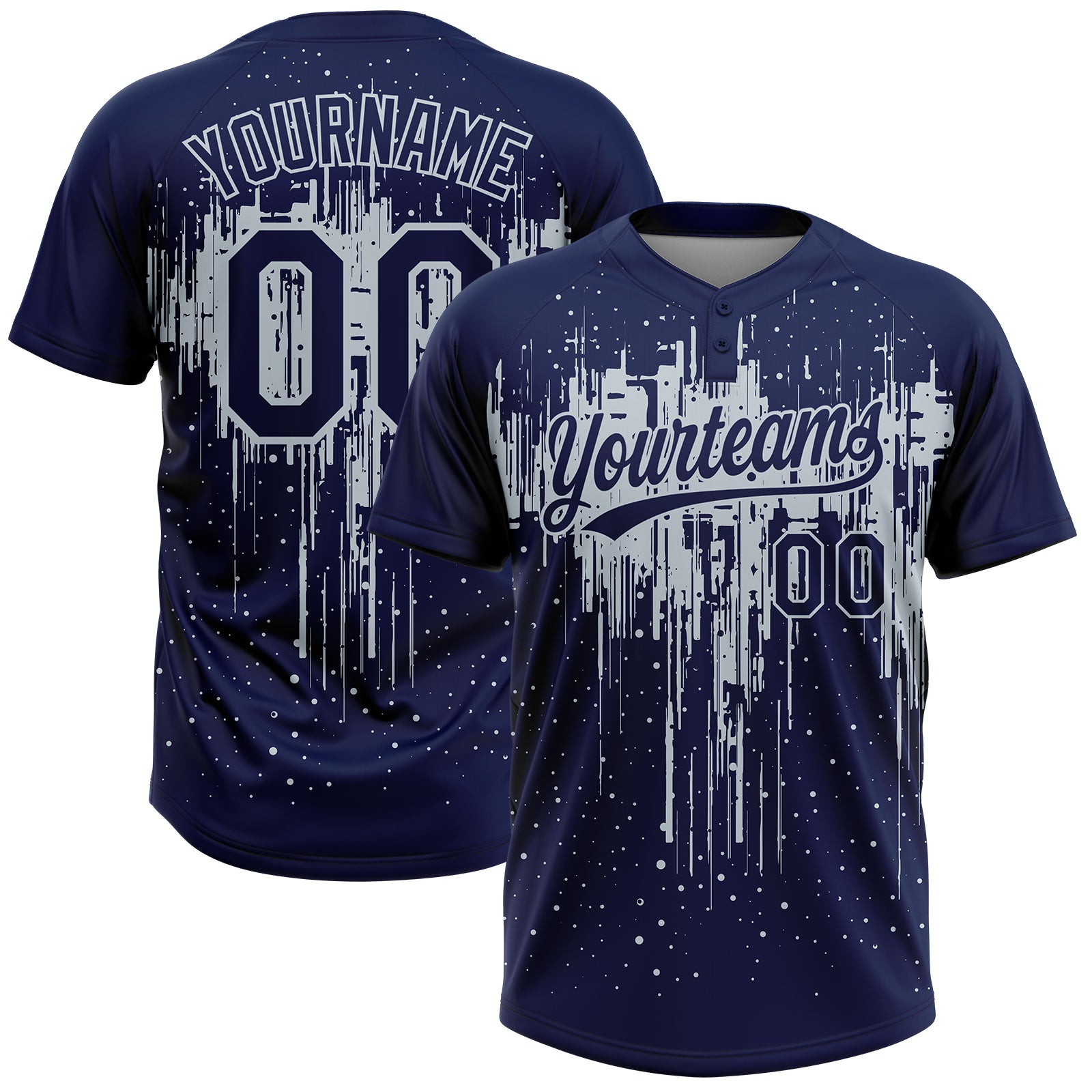 Custom Navy Silver Dripping Splatter Paint Two-Button Unisex Softball Jersey