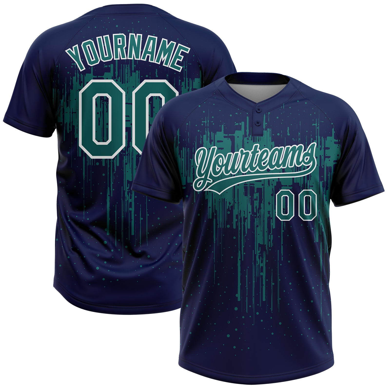 Custom Navy Teal-White Dripping Splatter Paint Two-Button Unisex Softball Jersey