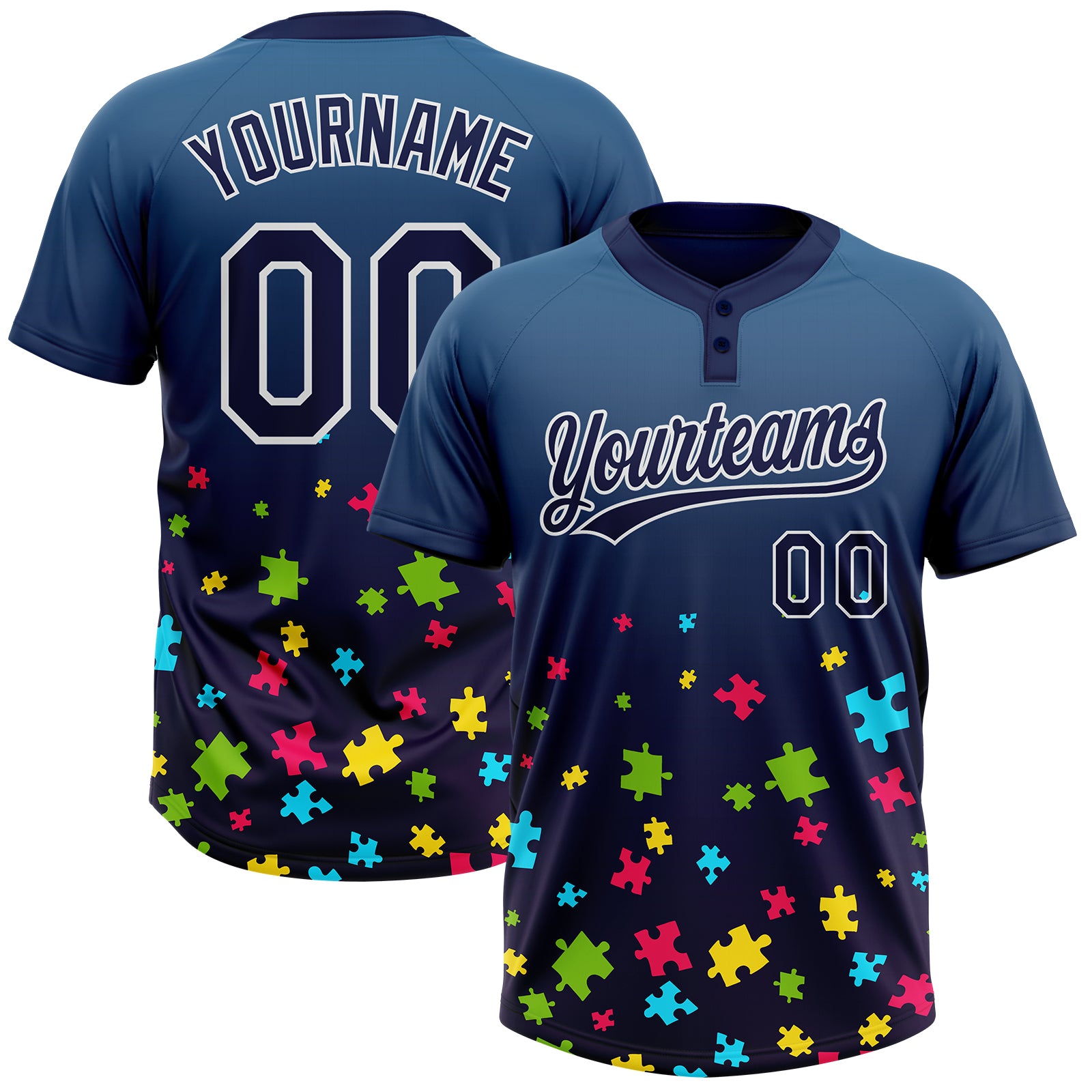 Custom Navy White Puzzle 3D Pattern Design Two-Button Unisex Softball Jersey