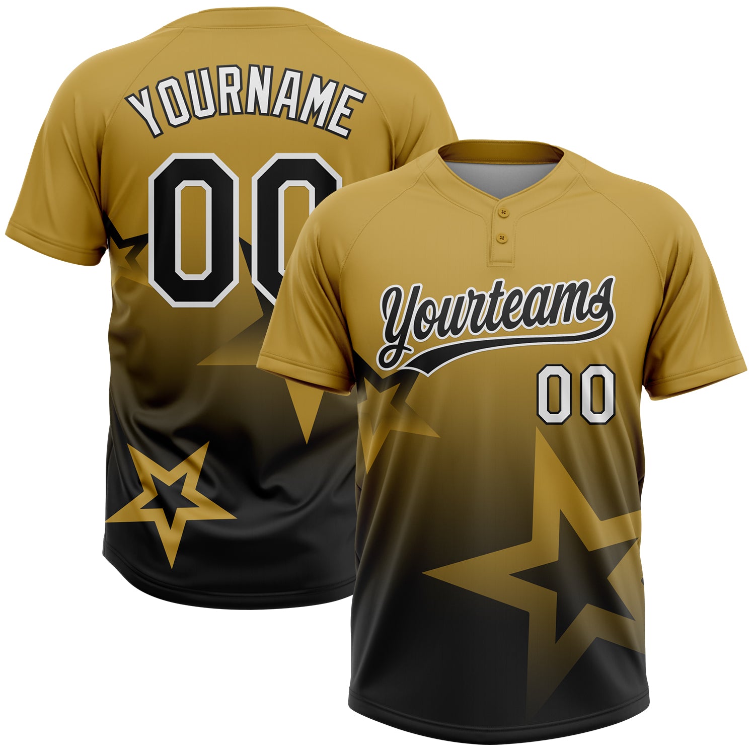 Custom Old Gold Black-White Gradient Style Twinkle Star Two-Button Unisex Softball Jersey