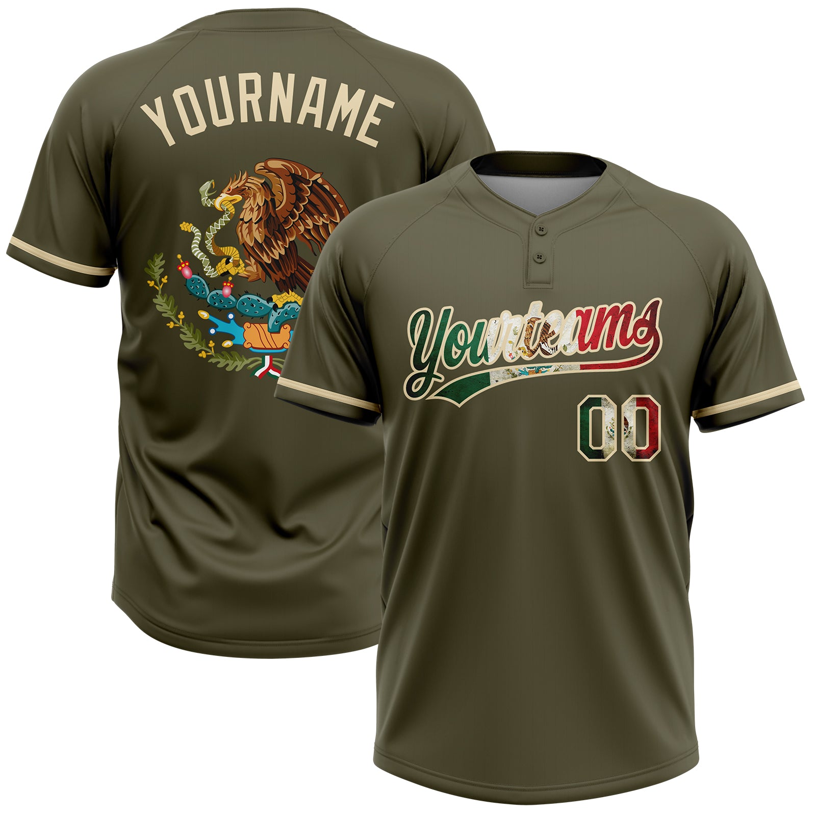 Custom Olive Vintage Mexican Flag-Cream Mexico Performance Salute To Service Two-Button Unisex Softball Jersey