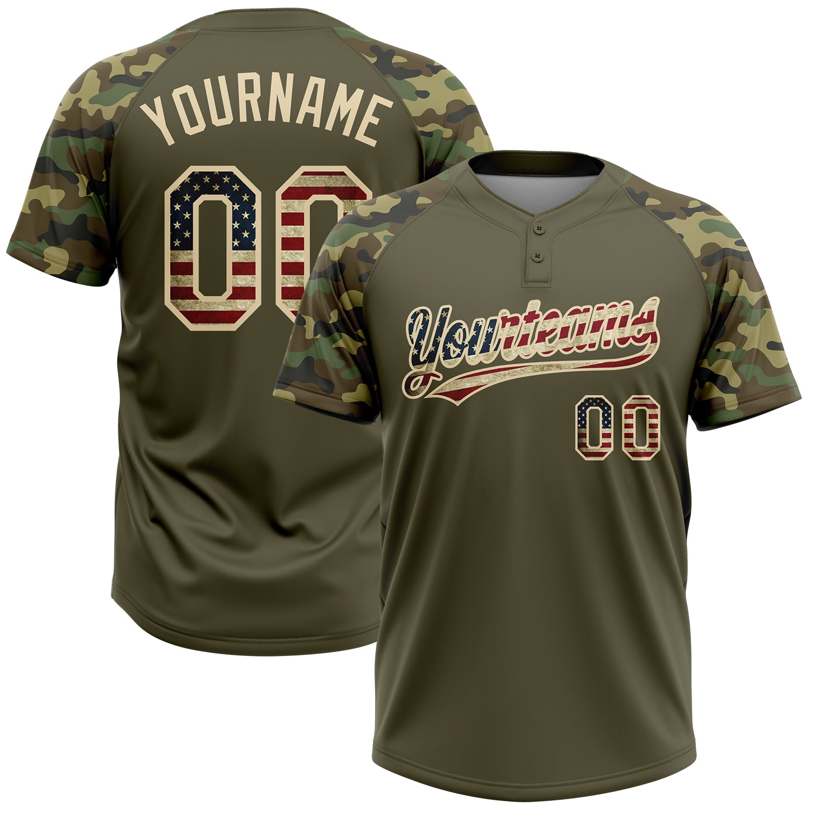 Custom Olive Vintage USA Flag-Cream Salute To Service Camo Raglan Sleeves Two-Button Unisex Softball Jersey