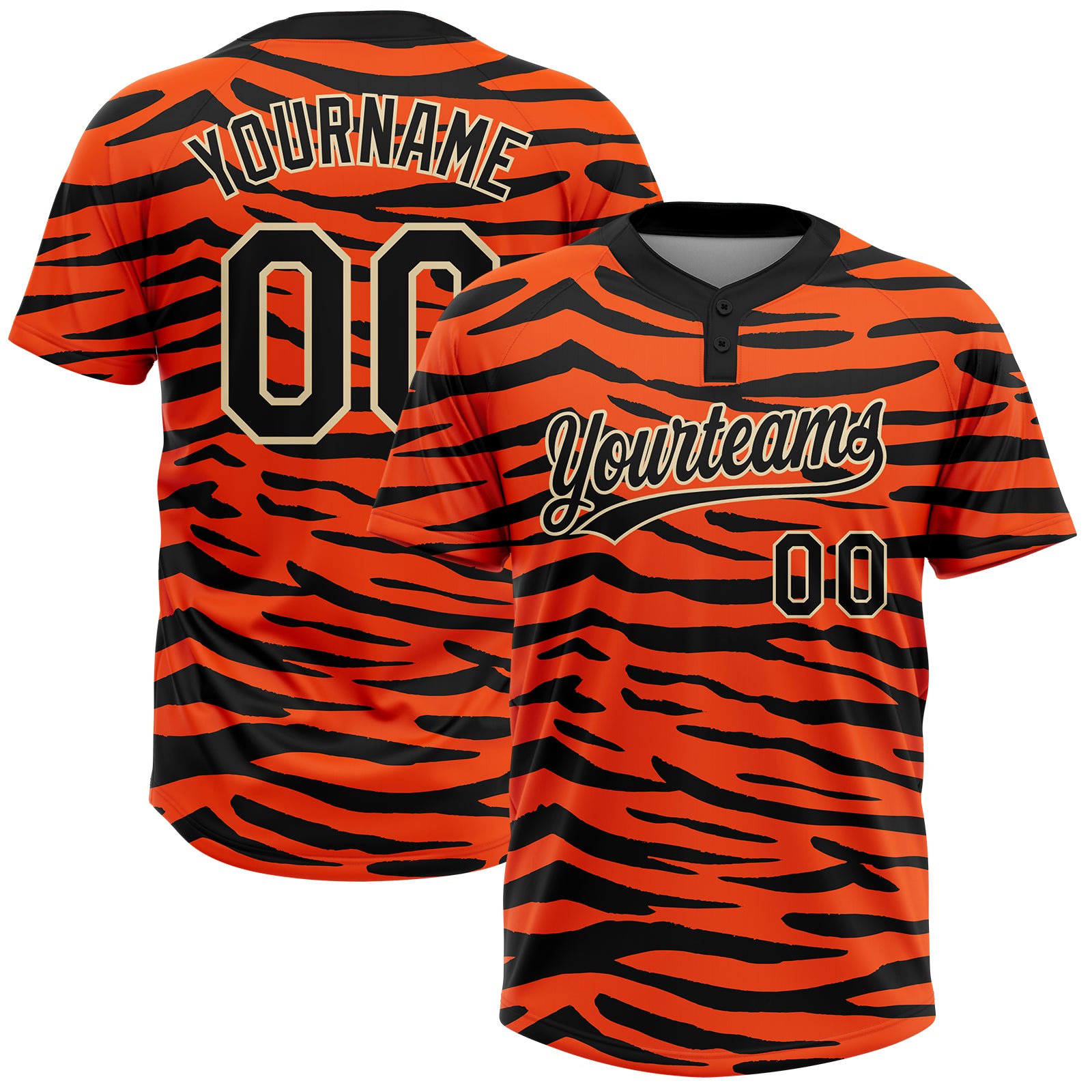 Custom Orange Black-Cream Tiger Print 3D Pattern Design Two-Button Unisex Softball Jersey
