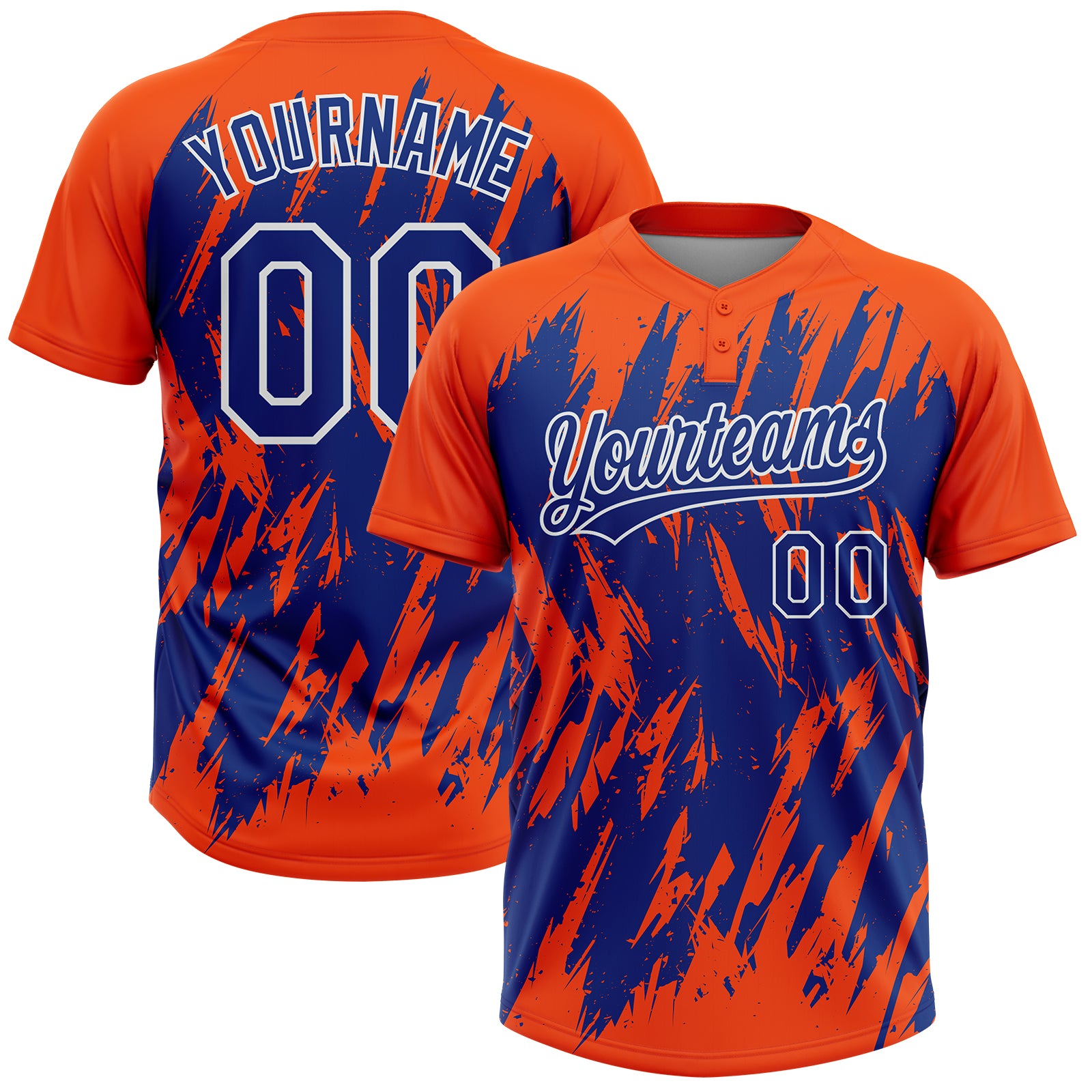 Custom Orange Royal-White Splatter Torn Sharp Brush Stroke Two-Button Unisex Softball Jersey