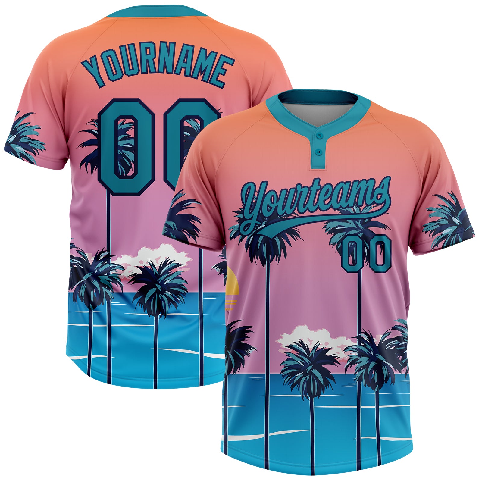 Custom Orange Teal-Navy Sun Beach Hawaii Palm Trees Two-Button Unisex Softball Jersey
