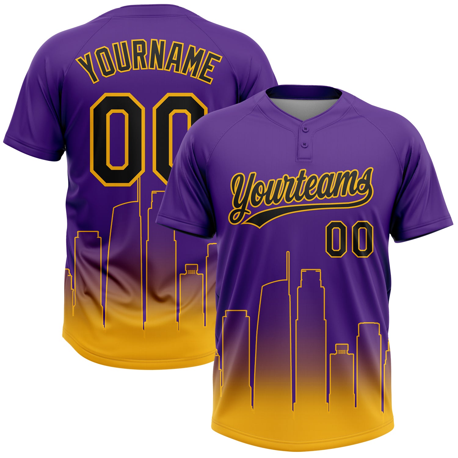Custom Purple Black-Gold Los Angeles City Edition Gradient Two-Button Unisex Softball Jersey