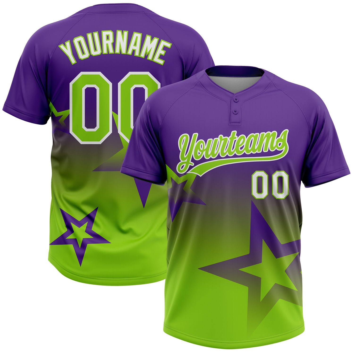 Custom Purple Neon Green-White Gradient Style Twinkle Star Two-Button Unisex Softball Jersey