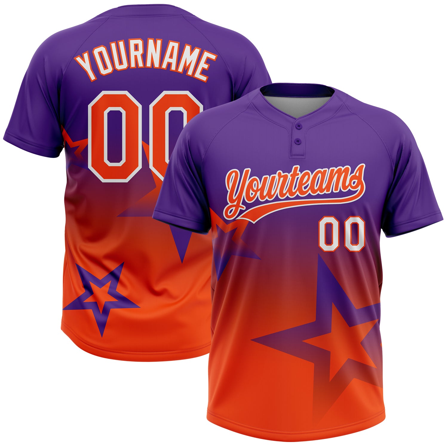 Custom Purple Orange-White Gradient Style Twinkle Star Two-Button Unisex Softball Jersey