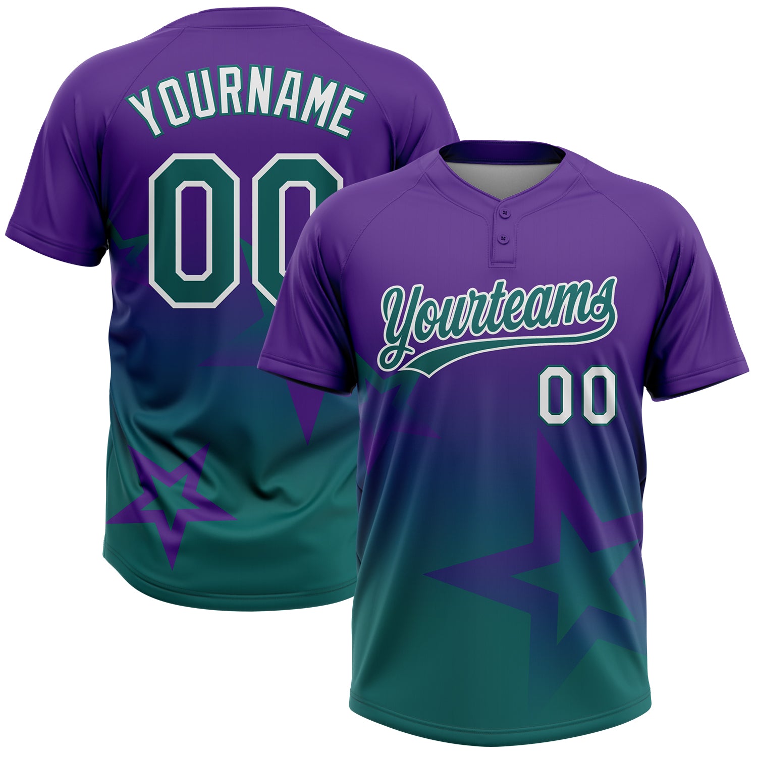 Custom Purple Teal-White Gradient Style Twinkle Star Two-Button Unisex Softball Jersey