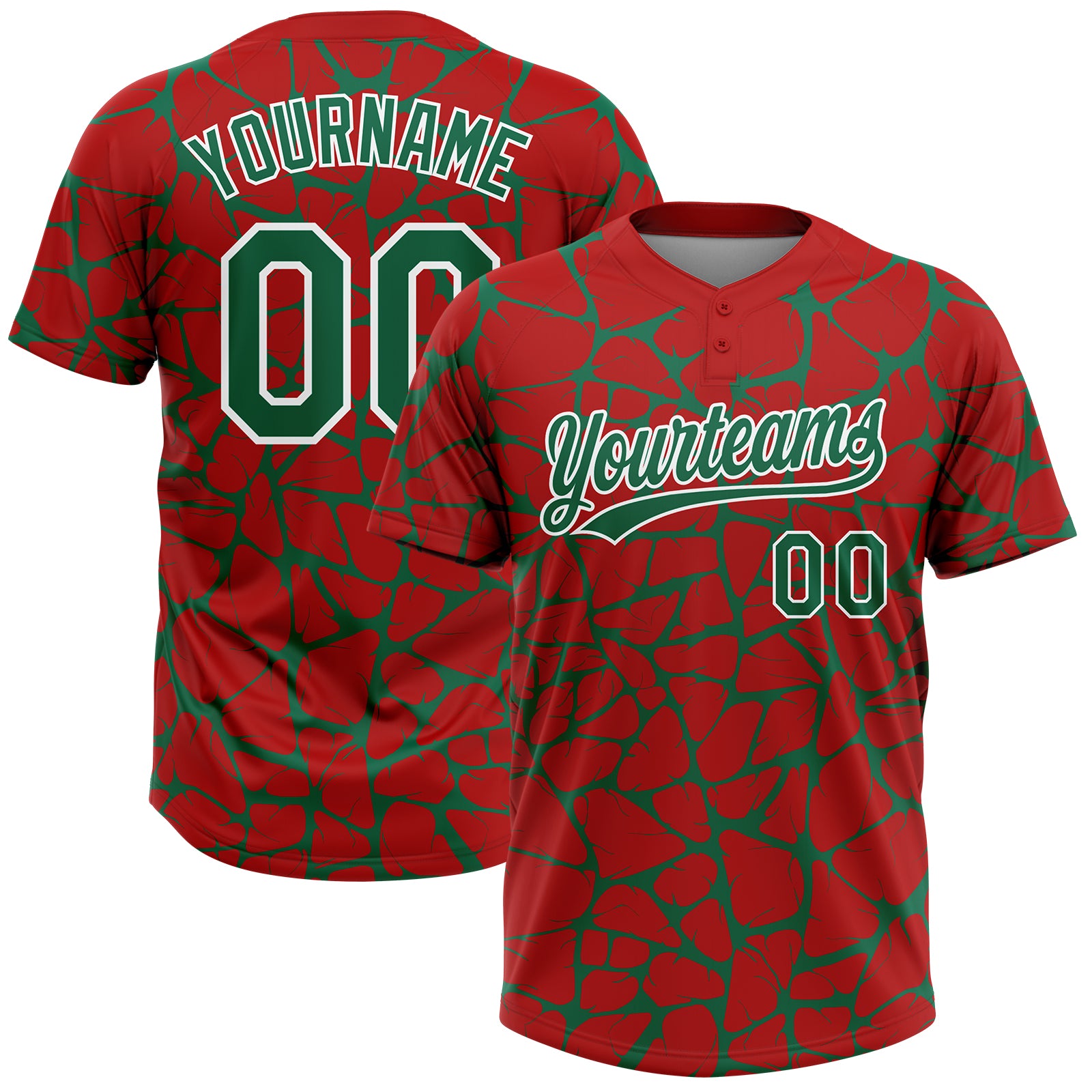 Custom Red Kelly Green-White 3D Pattern Design Abstract Network Crackle Two-Button Unisex Softball Jersey