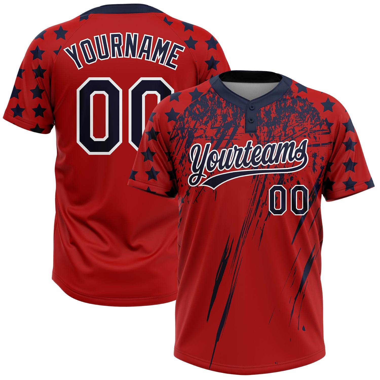 Custom Red Navy-White Distressed Scratch Brush Stroke Star Raglan Sleeves Two-Button Unisex Softball Jersey