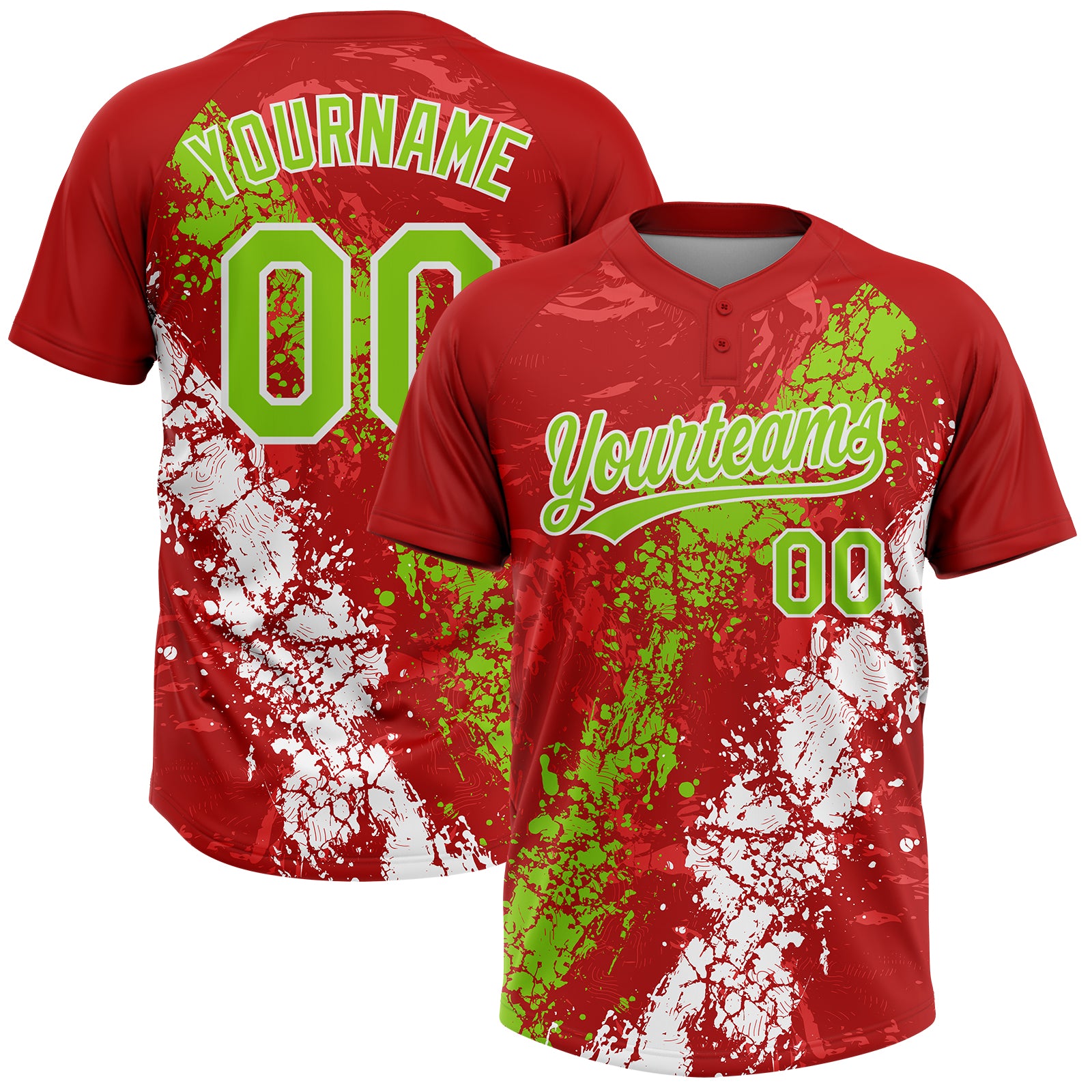 Custom Red Neon Green-White Dripping Splatter Cracked Texture Two-Button Unisex Softball Jersey