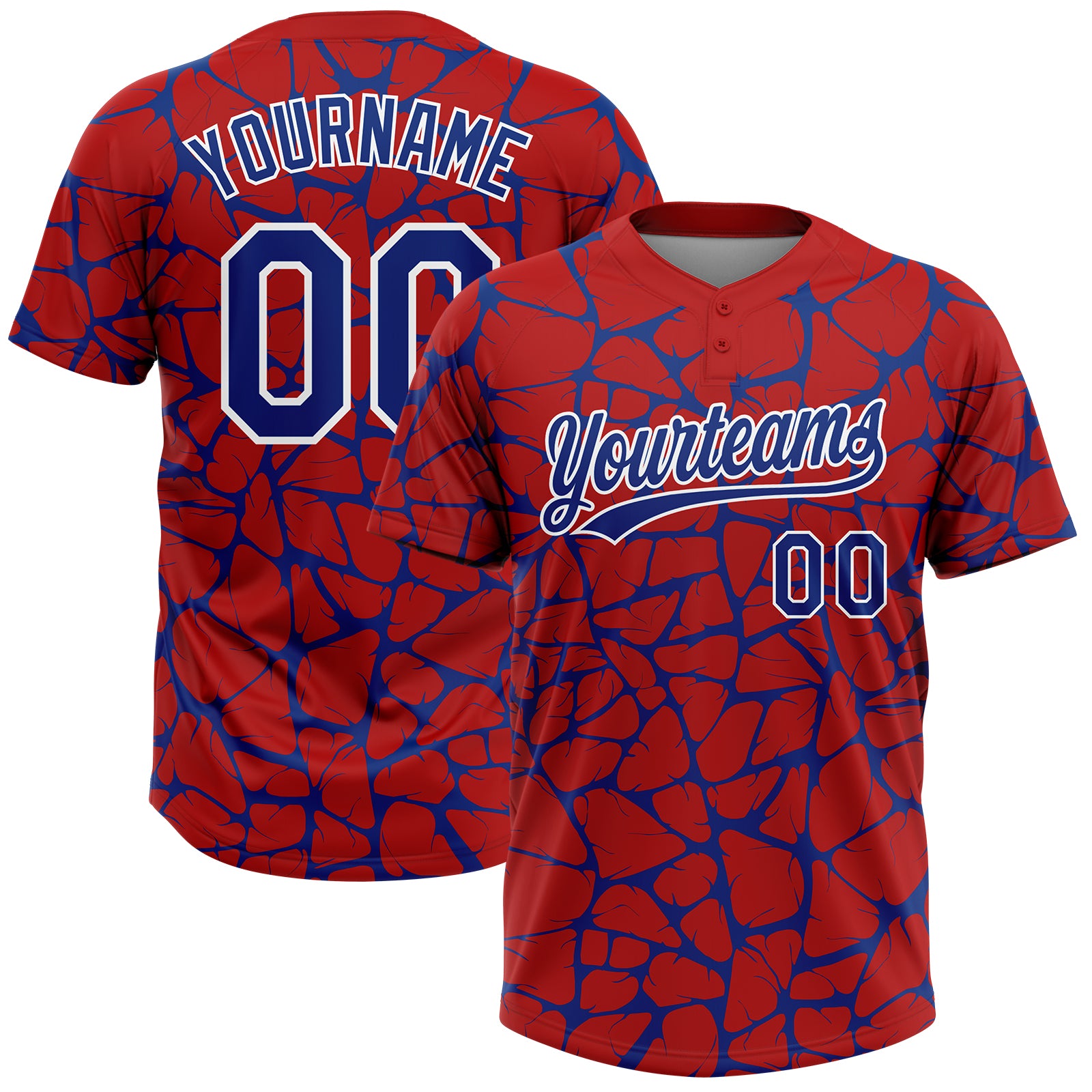 Custom Red Royal-White 3D Pattern Design Abstract Network Crackle Two-Button Unisex Softball Jersey