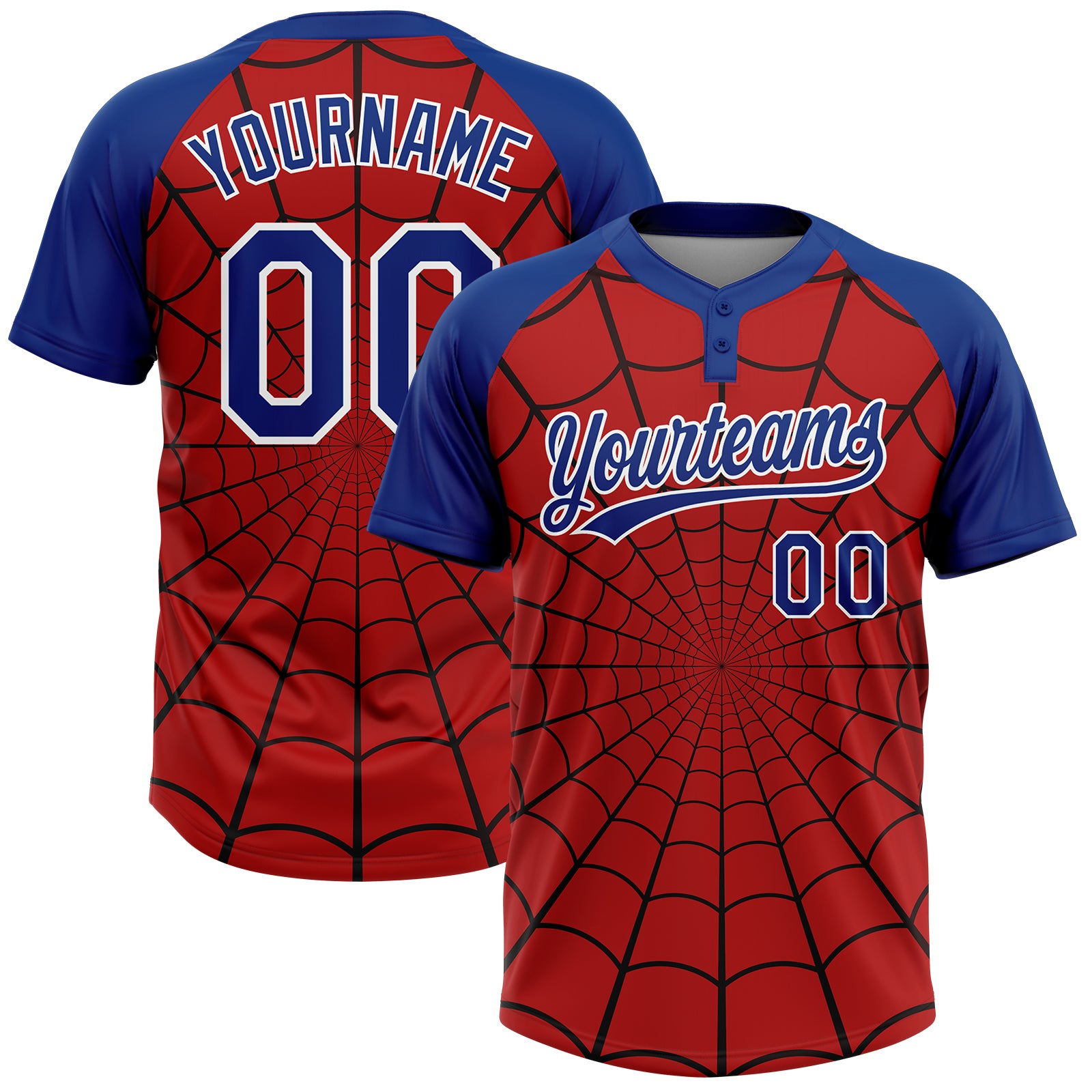 Custom Red Royal-White Spider Web 3D Pattern Design Two-Button Unisex Softball Jersey