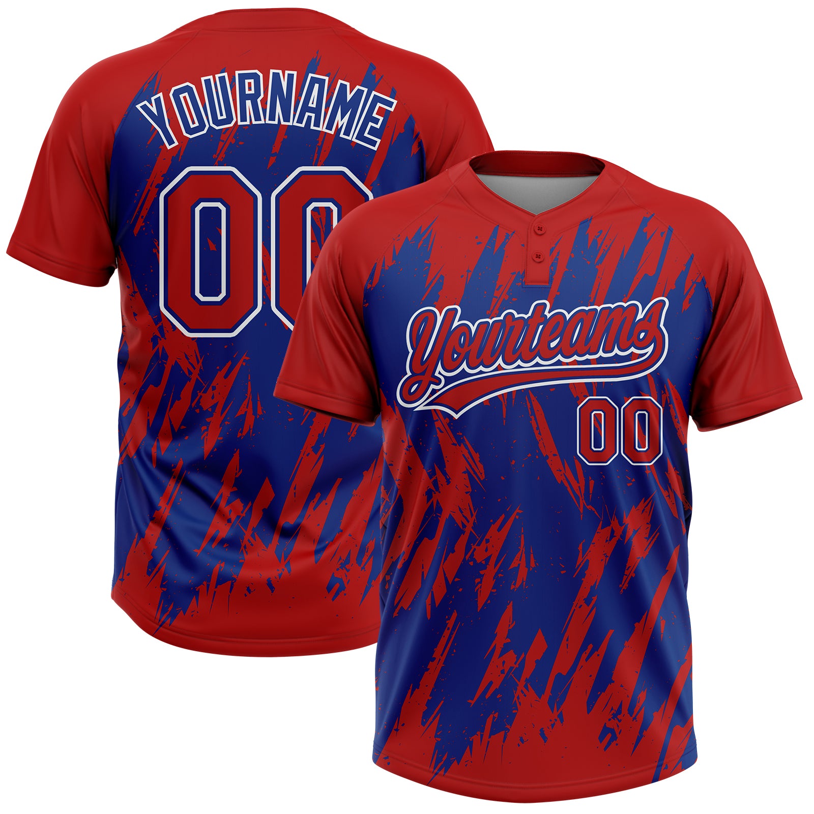 Custom Red Royal-White Splatter Torn Sharp Brush Stroke Two-Button Unisex Softball Jersey