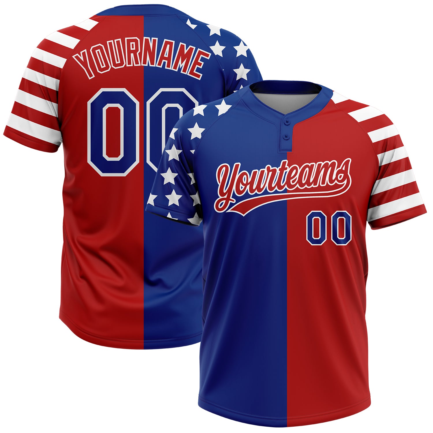 Custom Red Royal-White Stars & Stripes Raglan Sleeves Two-Button Unisex Softball Jersey