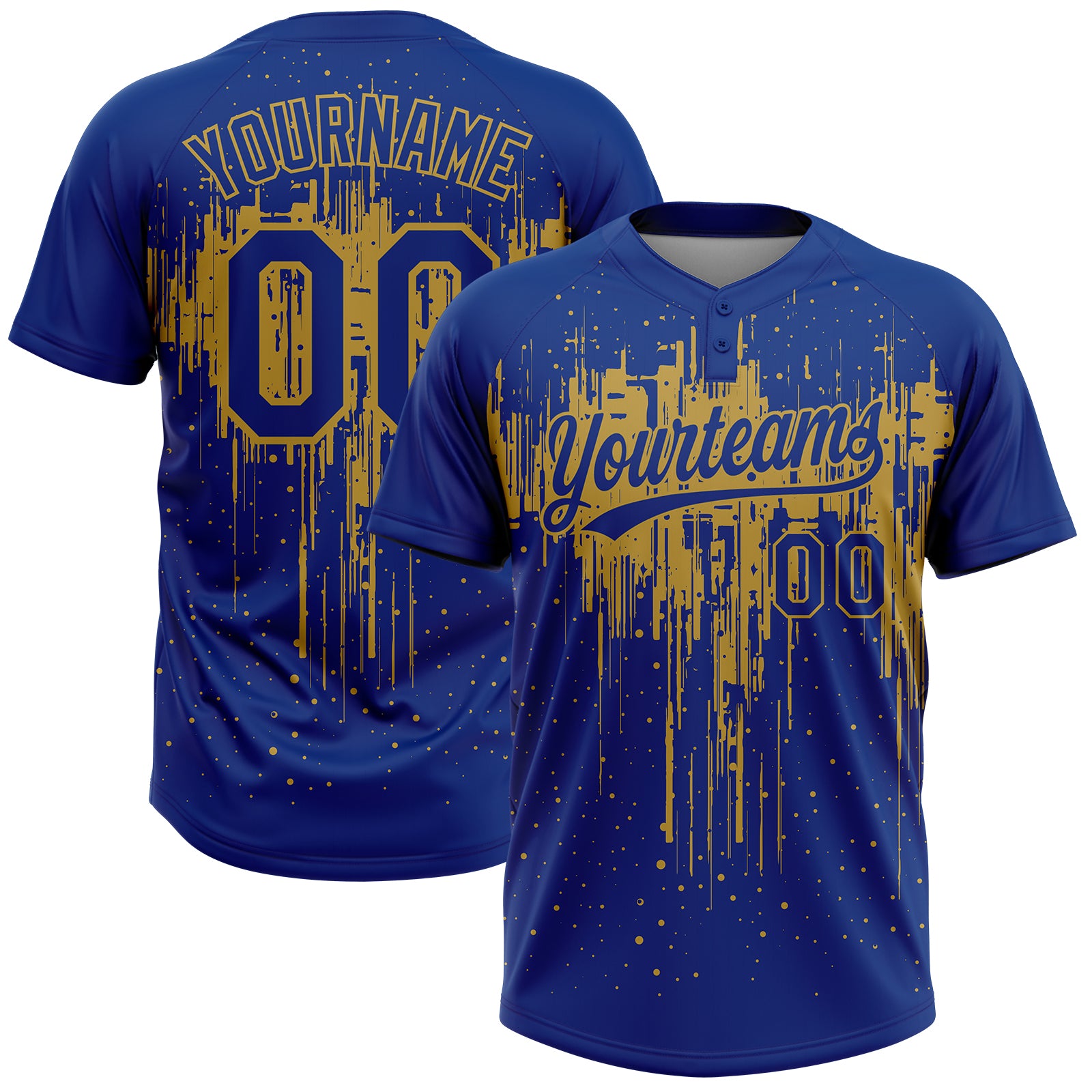 Custom Royal Old Gold Dripping Splatter Paint Two-Button Unisex Softball Jersey