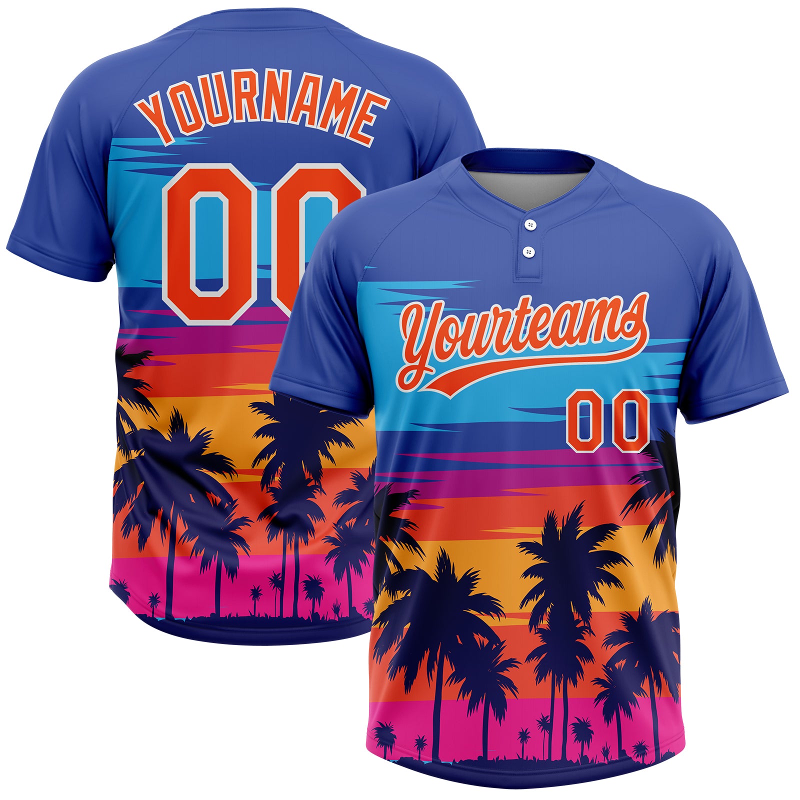 Custom Royal Orange-White Tropical Hawaii Palm Trees Two-Button Unisex Softball Jersey