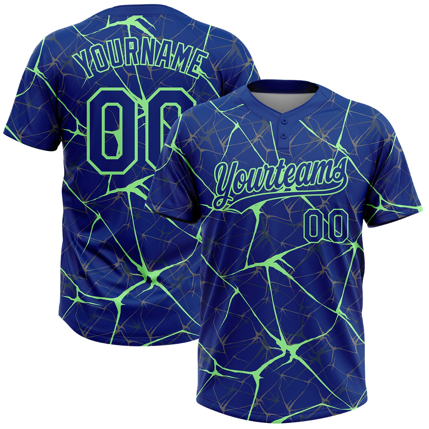 Custom Royal Pea Green 3D Pattern Design Abstract Network Two-Button Unisex Softball Jersey