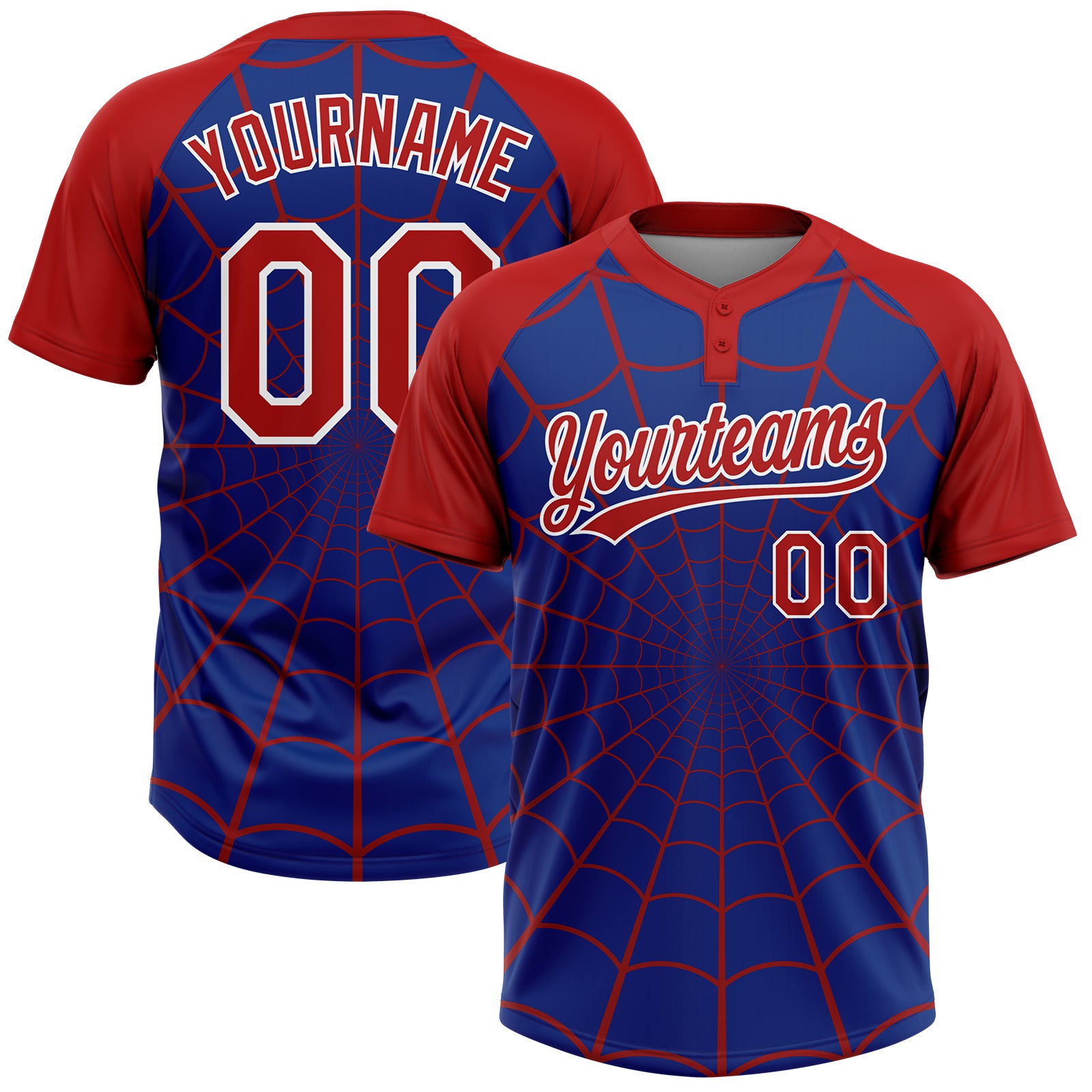 Custom Royal Red-White Spider Web 3D Pattern Design Two-Button Unisex Softball Jersey