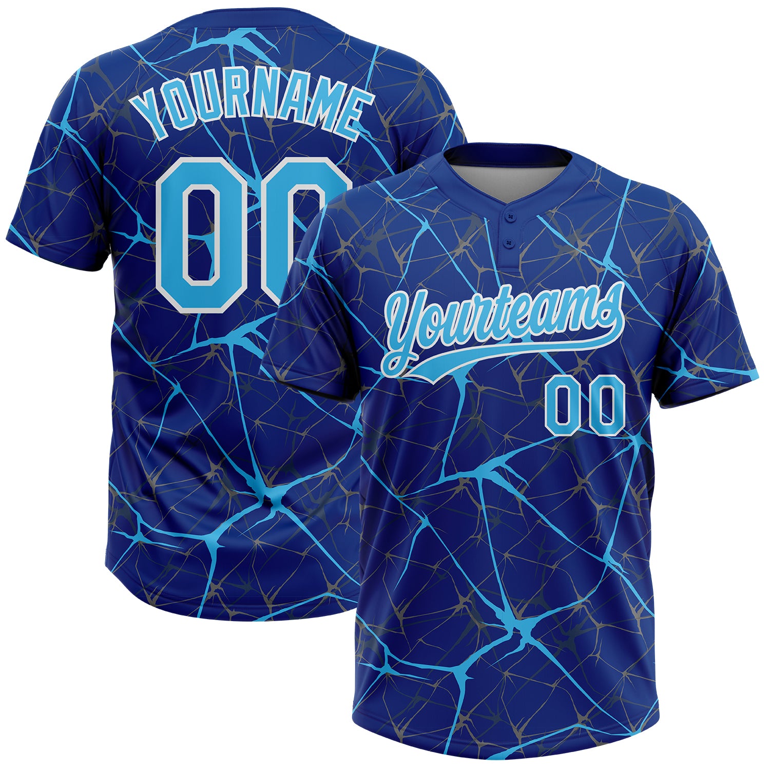 Custom Royal Sky Blue-White 3D Pattern Design Abstract Network Two-Button Unisex Softball Jersey