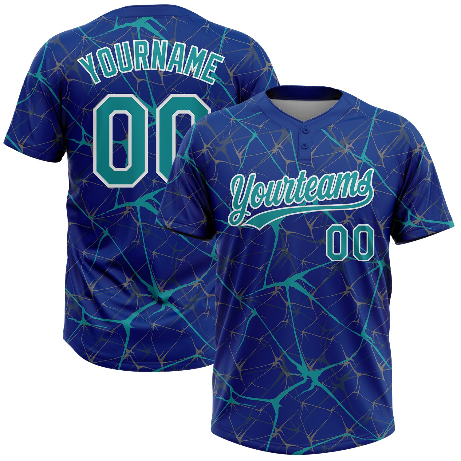Custom Royal Teal-White 3D Pattern Design Abstract Network Two-Button Unisex Softball Jersey
