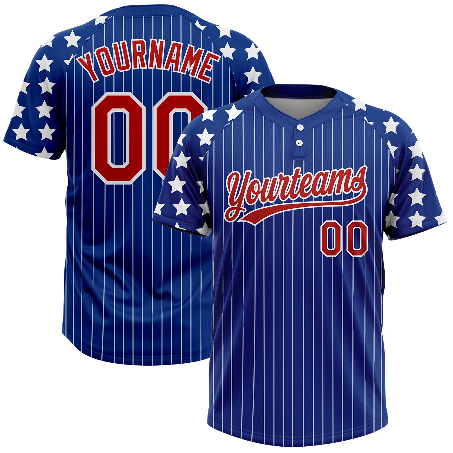 Custom Royal White Pinstripe Red Star Raglan Sleeves Two-Button Unisex Softball Jersey