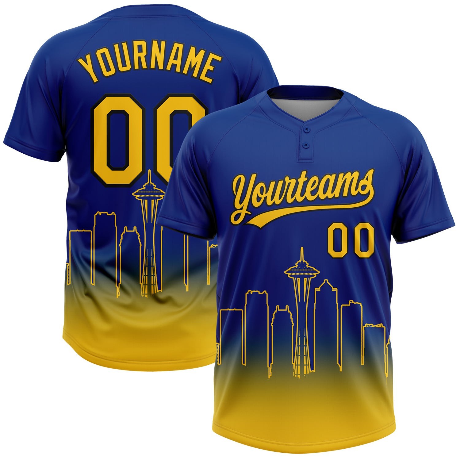 Custom Royal Yellow-Black Seattle City Edition Gradient Two-Button Unisex Softball Jersey