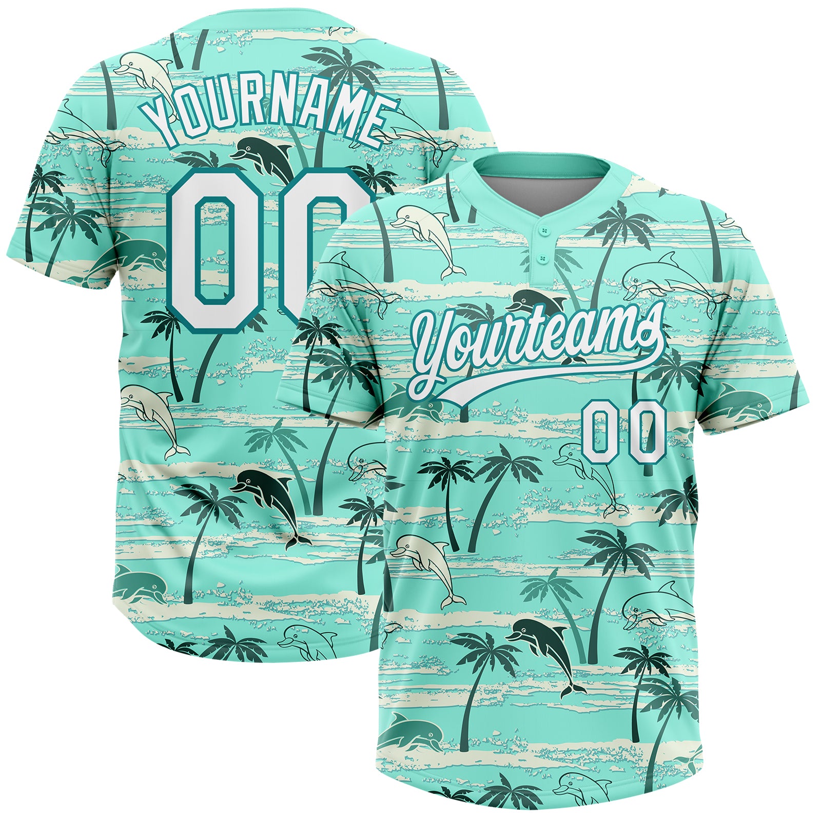 Custom Teal White Hawaii Palm Trees And Dolphin Two-Button Unisex Softball Jersey