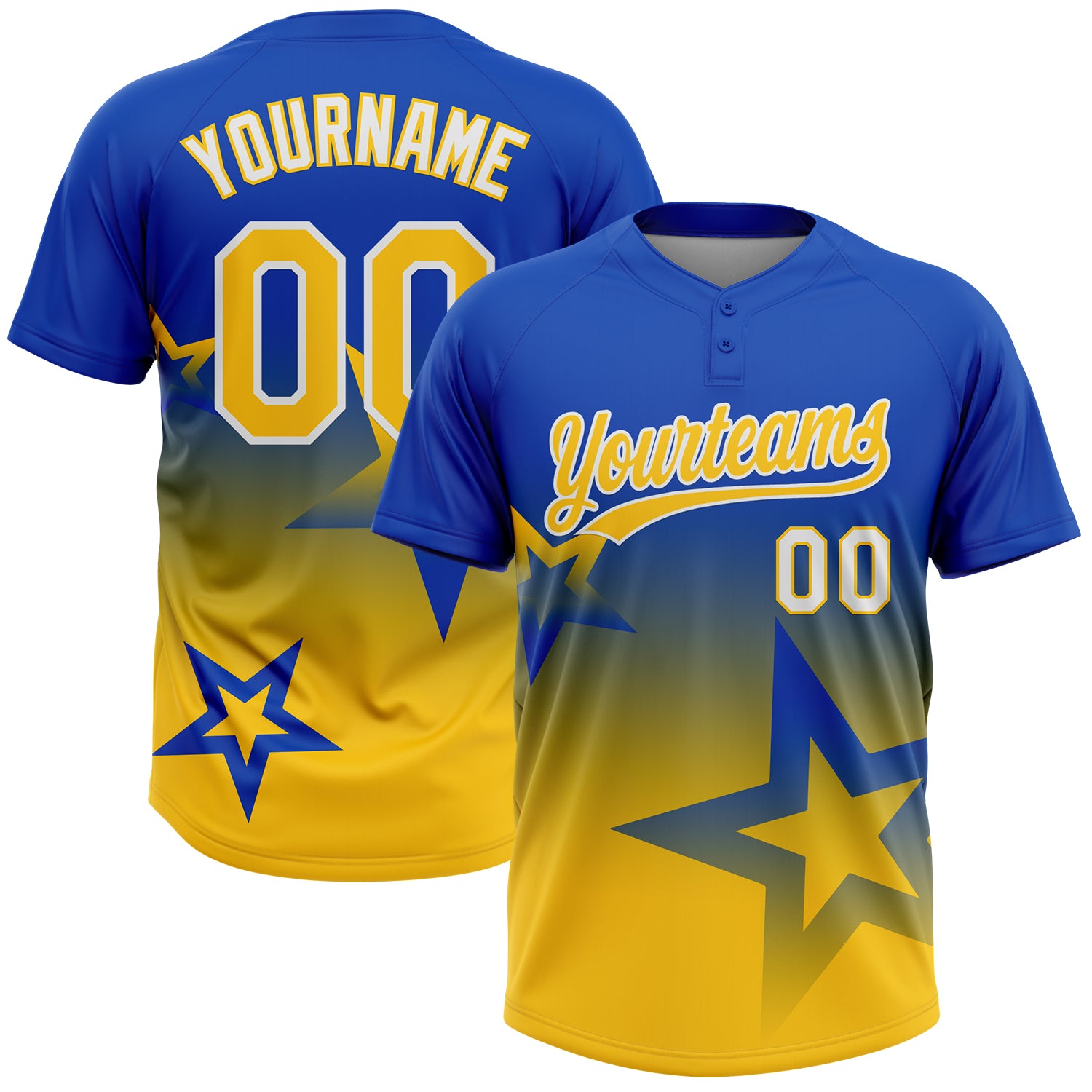 Custom Thunder Blue Yellow-White Gradient Style Twinkle Star Two-Button Unisex Softball Jersey