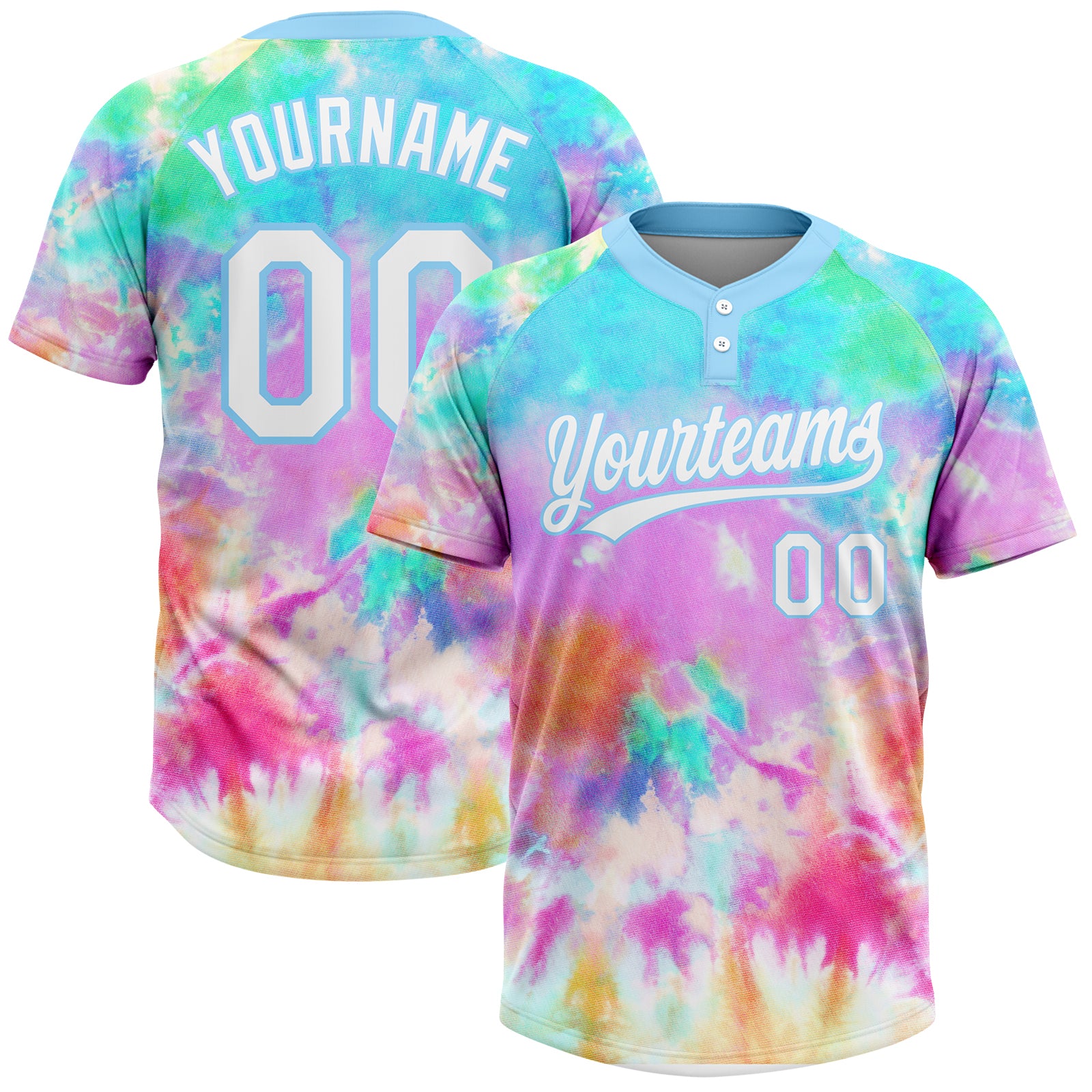 Custom Tie Dye White-Light Blue Rainbow Two-Button Unisex Softball Jersey