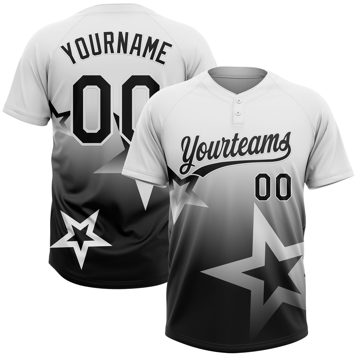 Custom White Black Gradient Style Twinkle Star Two-Button Unisex Softball Jersey