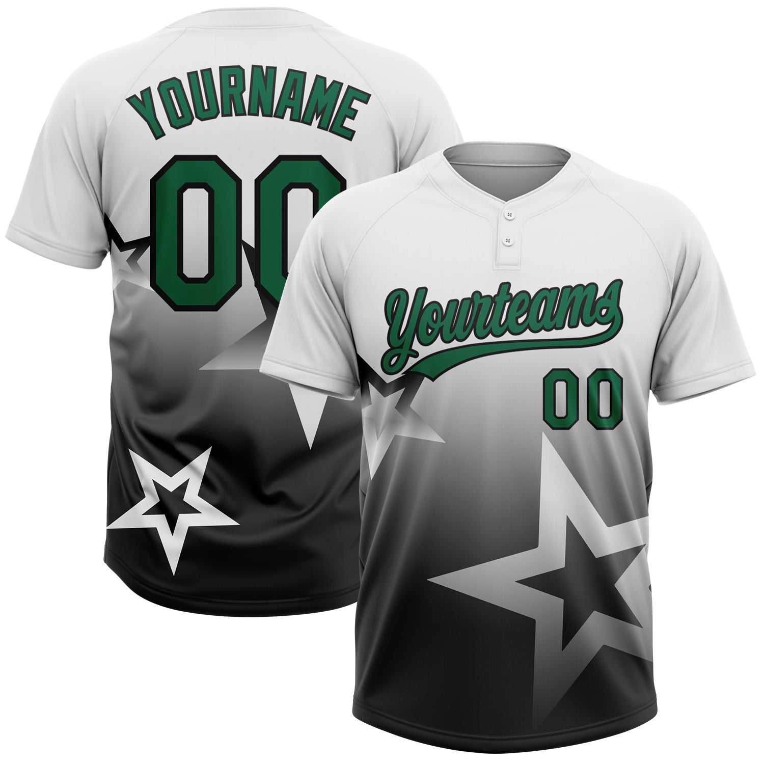 Custom White Kelly Green-Black Gradient Style Twinkle Star Two-Button Unisex Softball Jersey