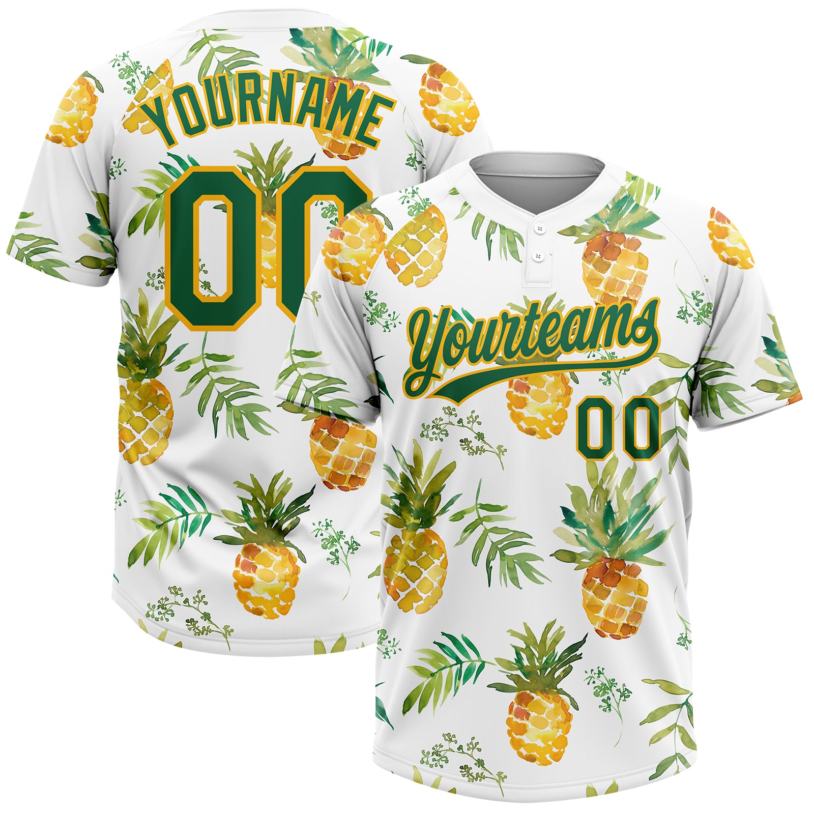Custom White Kelly Green-Gold Hawaii Fruit Pineapples Two-Button Unisex Softball Jersey