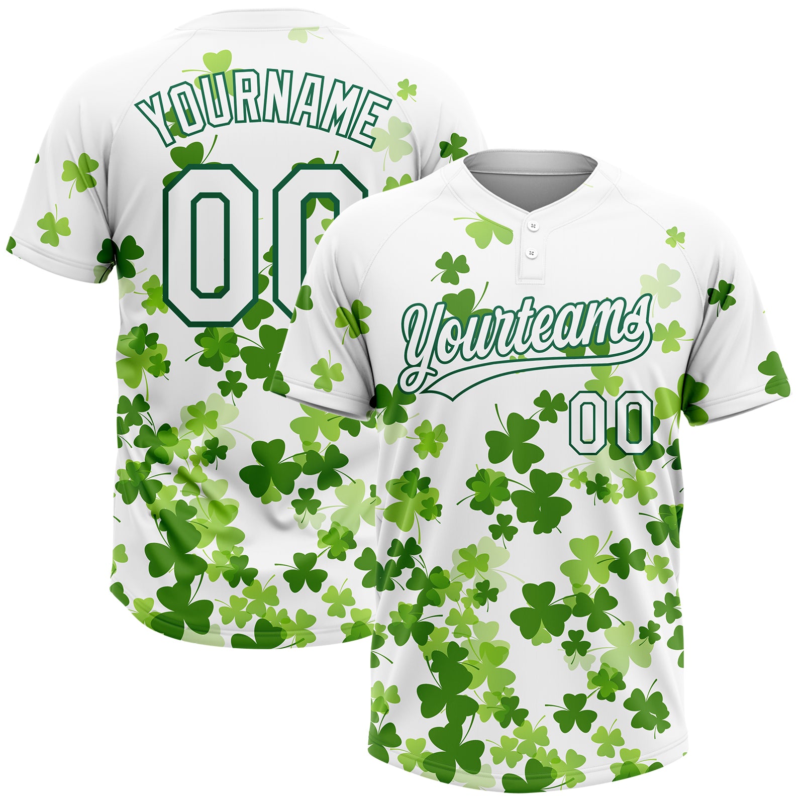Custom White Kelly Green St.Patrick's Day Shamrock 3D Pattern Design Two-Button Unisex Softball Jersey